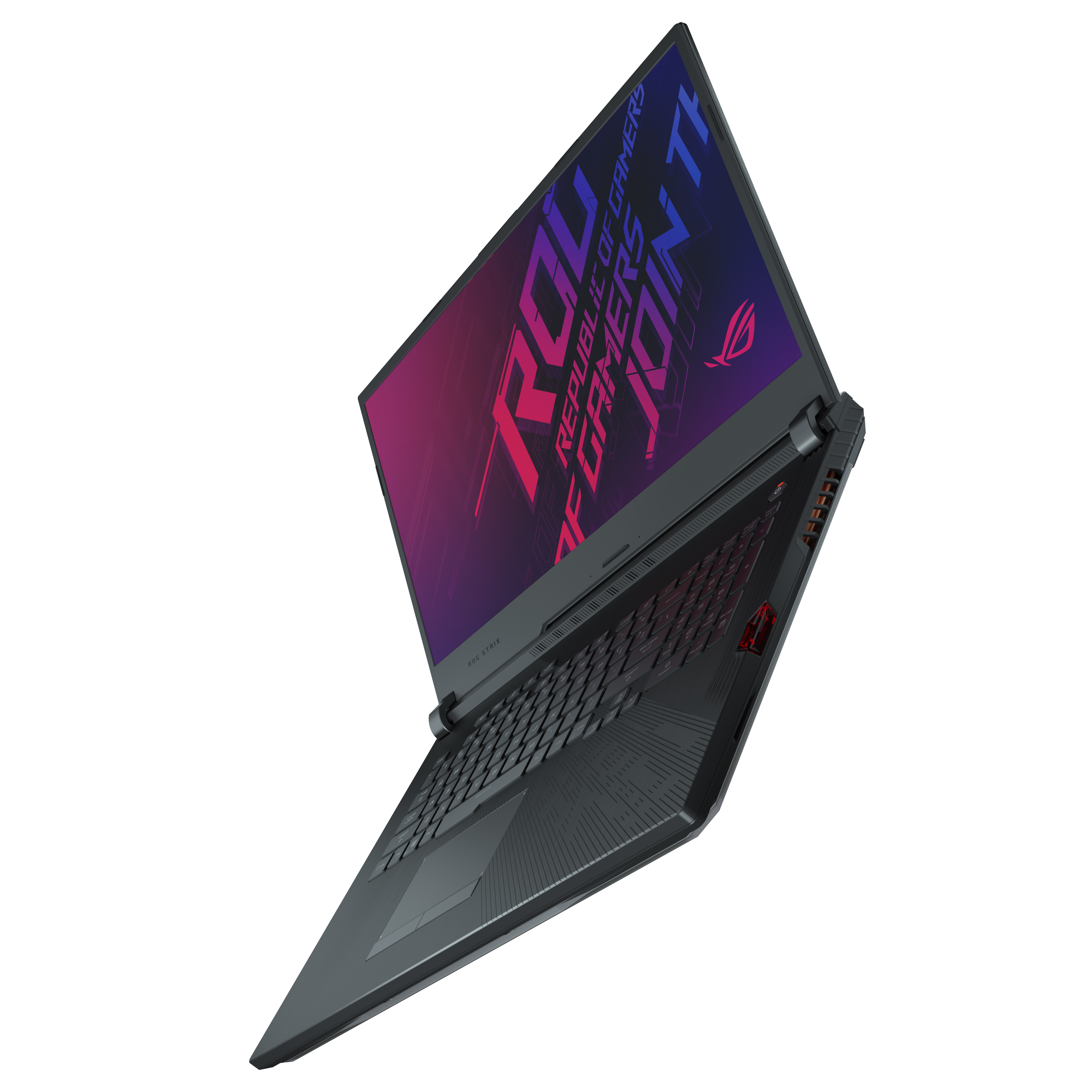 Ordinateur portable ROG, noir, ouvert en angle, affichant l'écran avec le logo ROG, fond blanc.