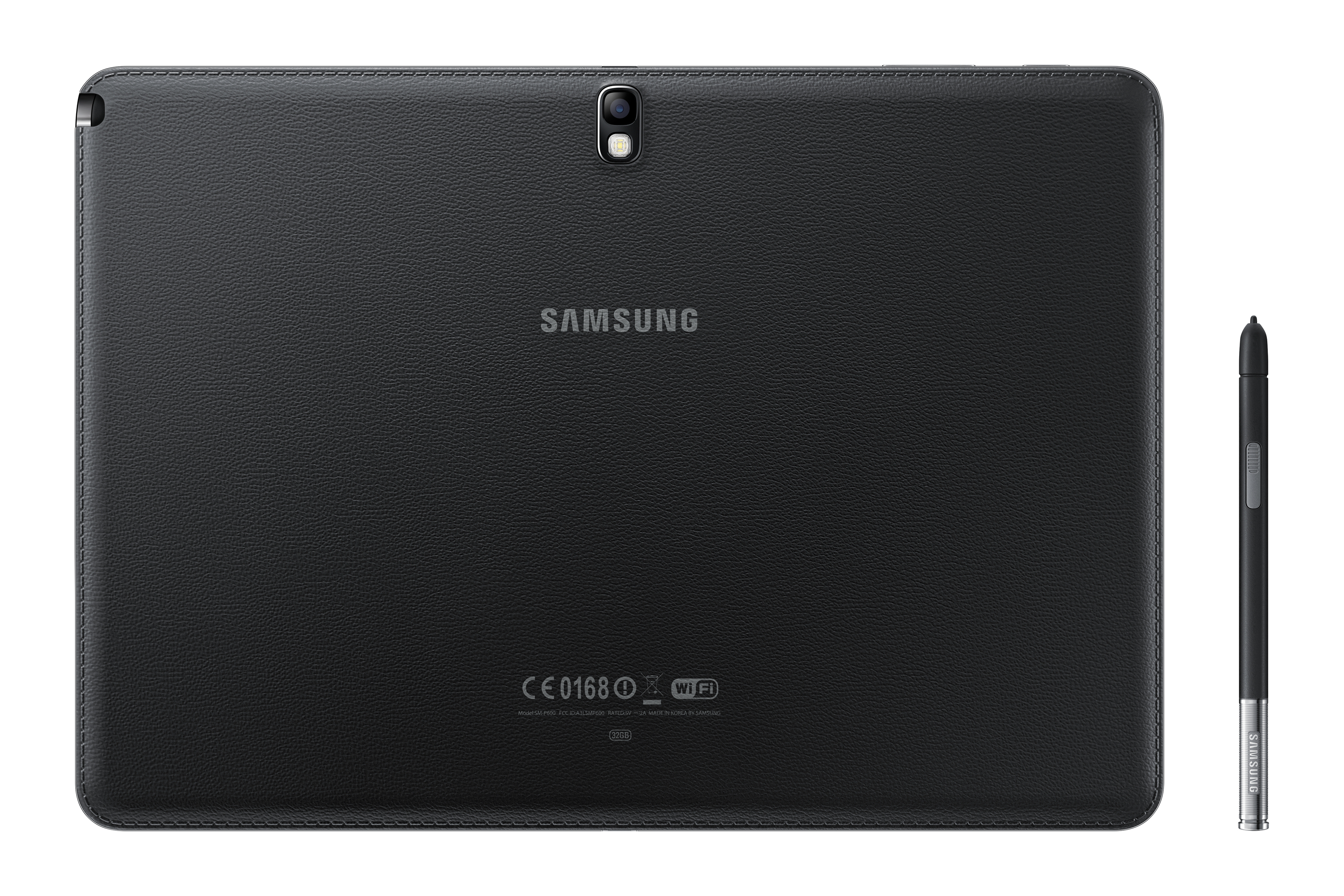 Schwarze Samsung Tablet-Rückseite mit Kamera, Logo und Stift.