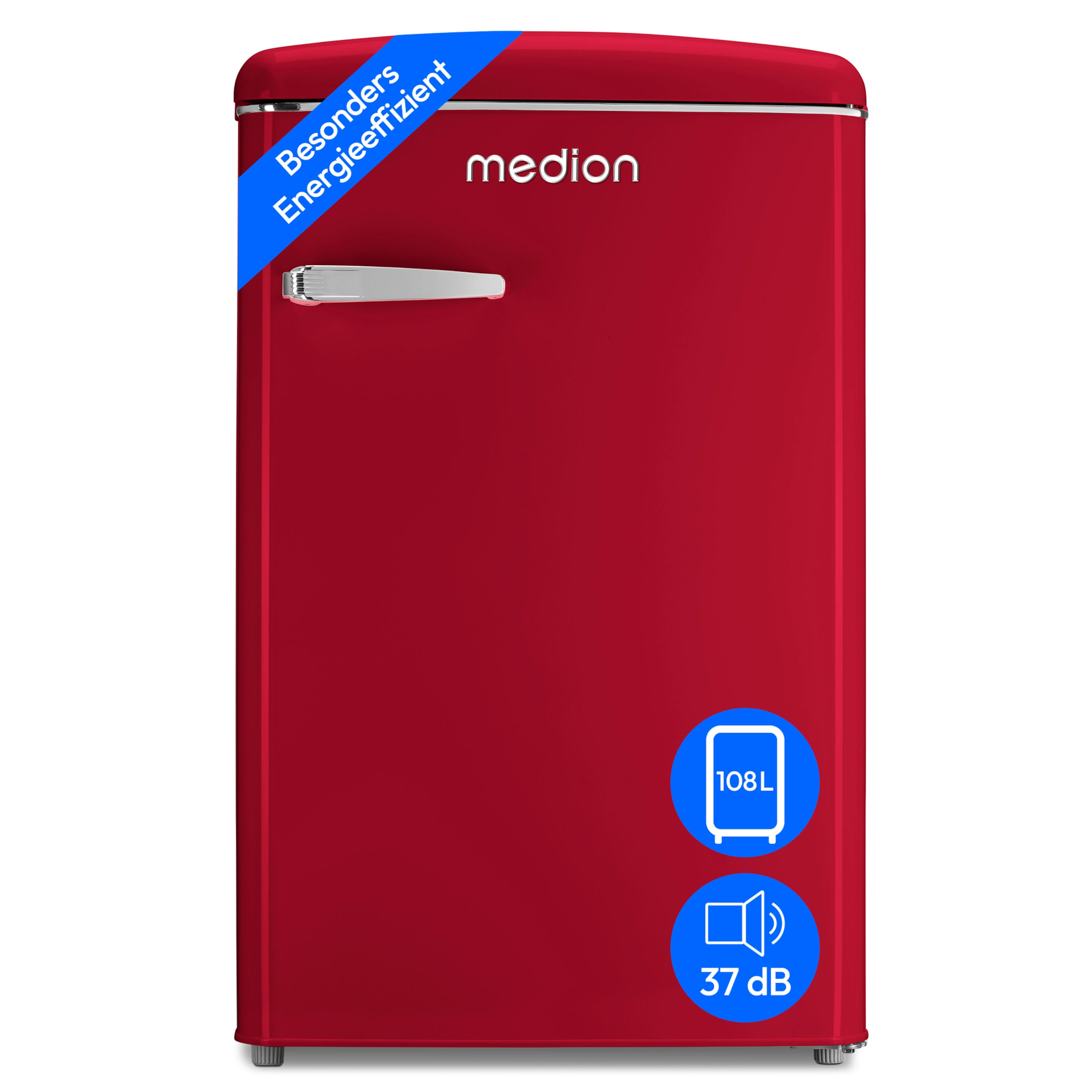 Roter Mini-Kühlschrank mit Chromgriff und blauem Aufkleber. Medion-Logo und Größenangaben.