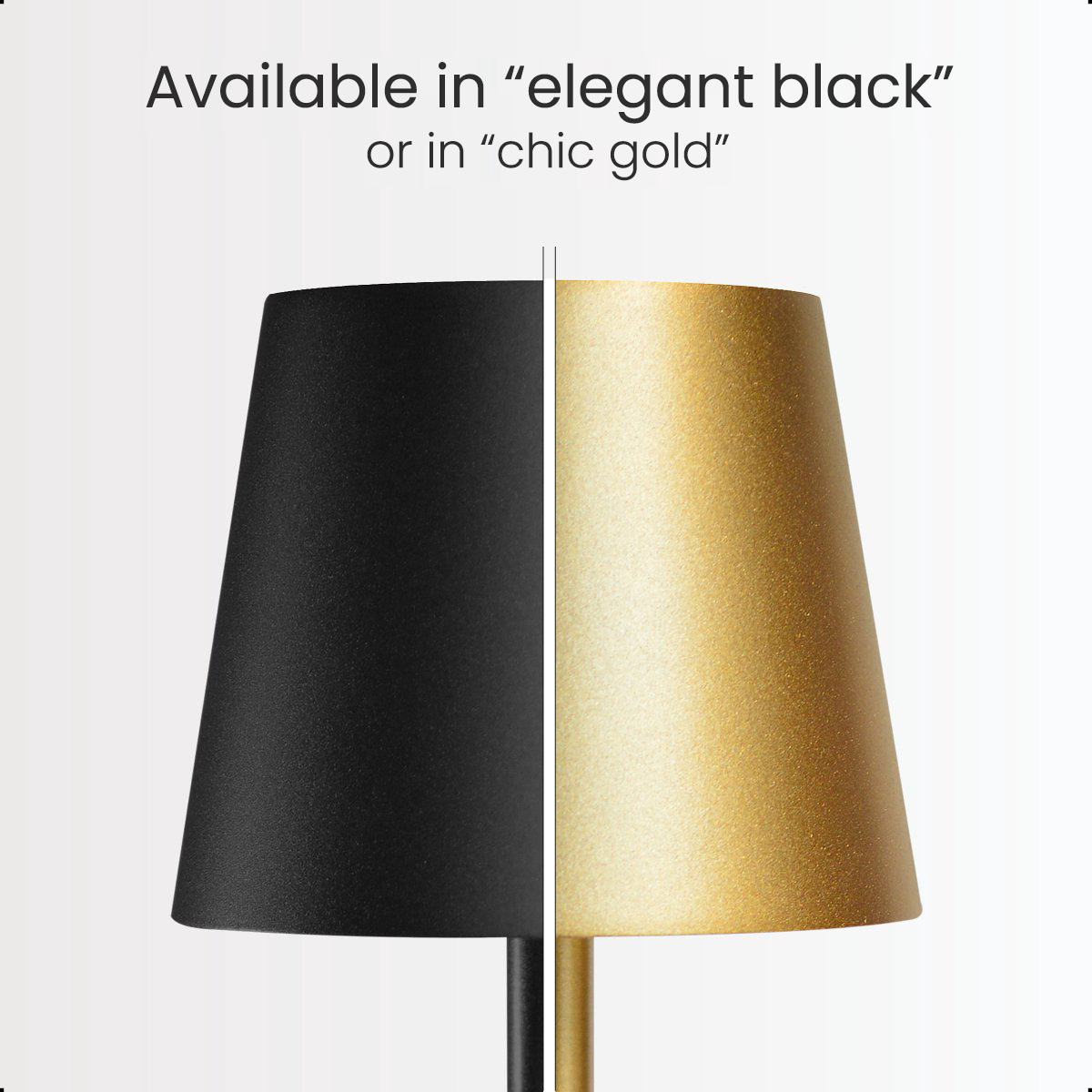 Lamp shade, half black, half gold. Text: Available in elegant black or chic gold.