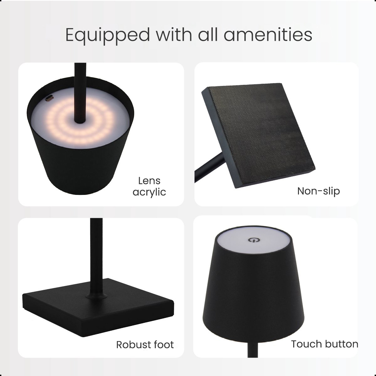 Black lamp parts: lens, non-slip surface, robust foot, and touch button.