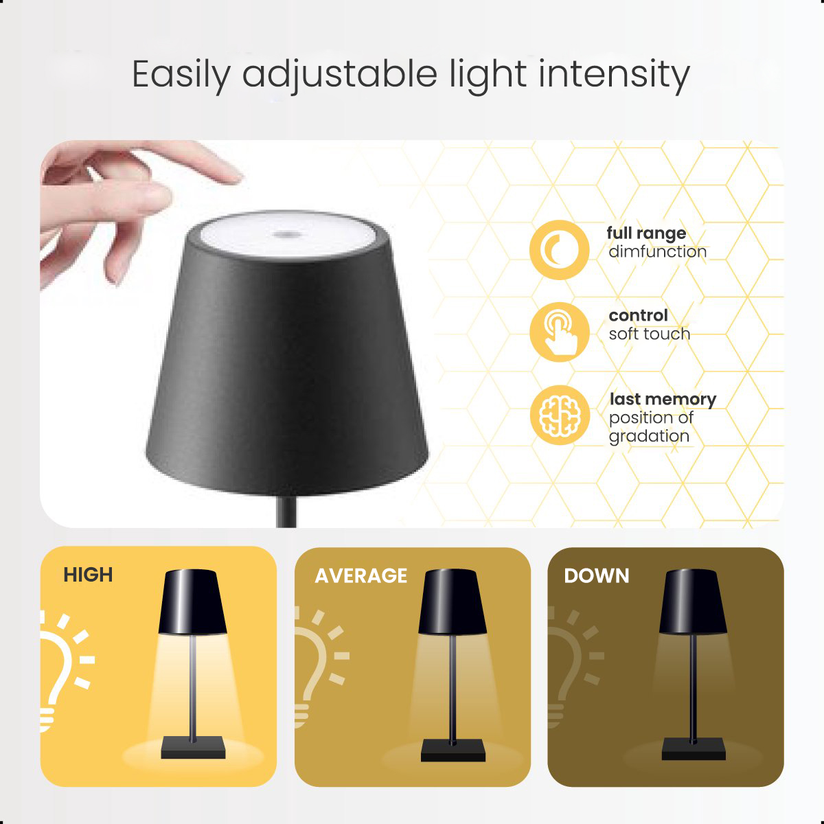 A black lamp with adjustable light levels: high, average, and down.