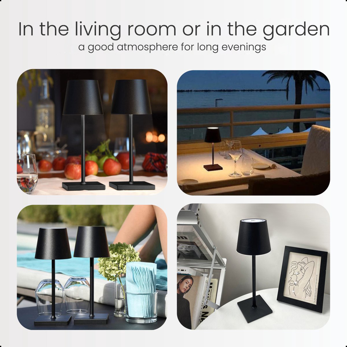 Four images of black lamps in different settings, with text: in the living room or garden.