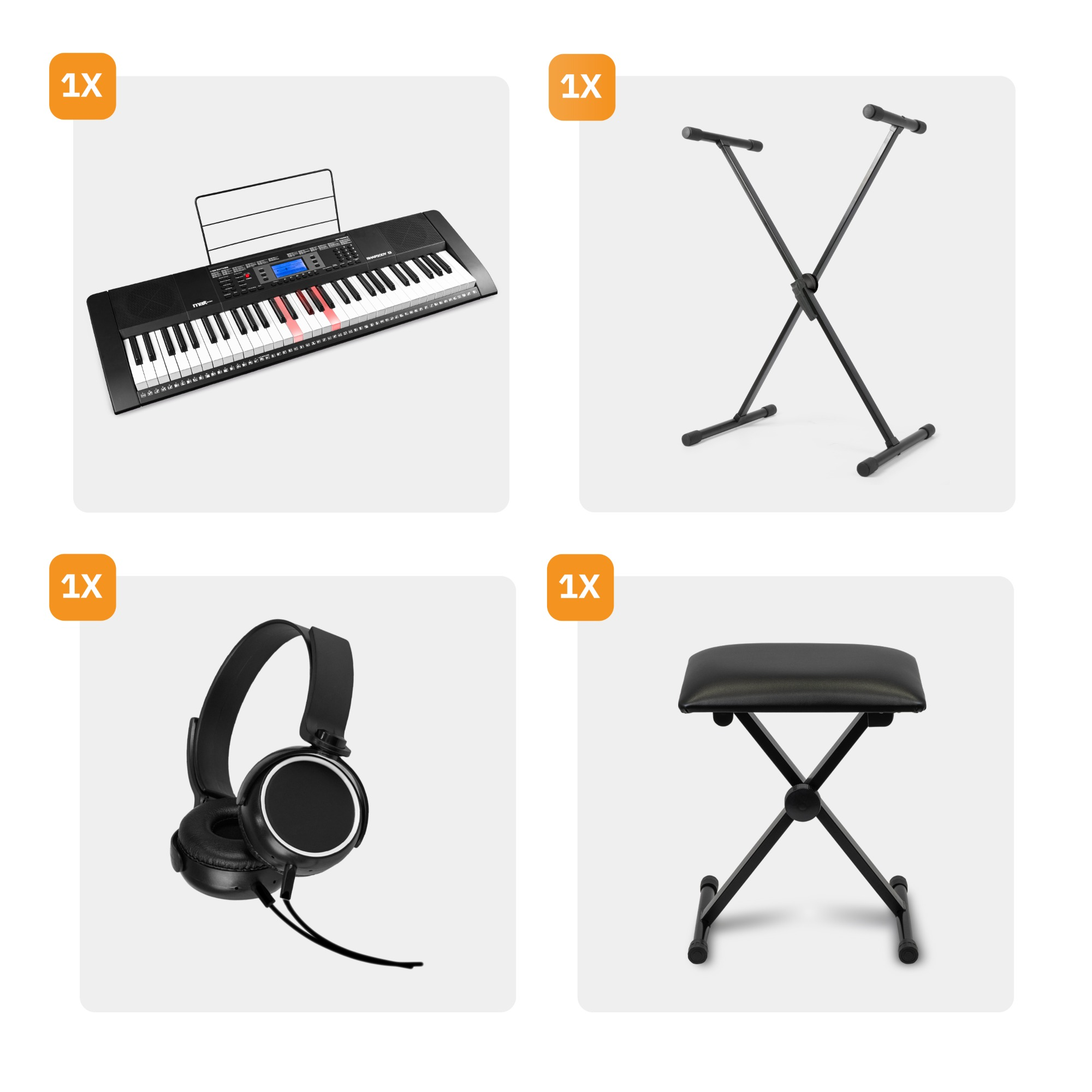 Keyboard, Ständer, Kopfhörer und Hocker werden in einem quadratischen Raster angezeigt.