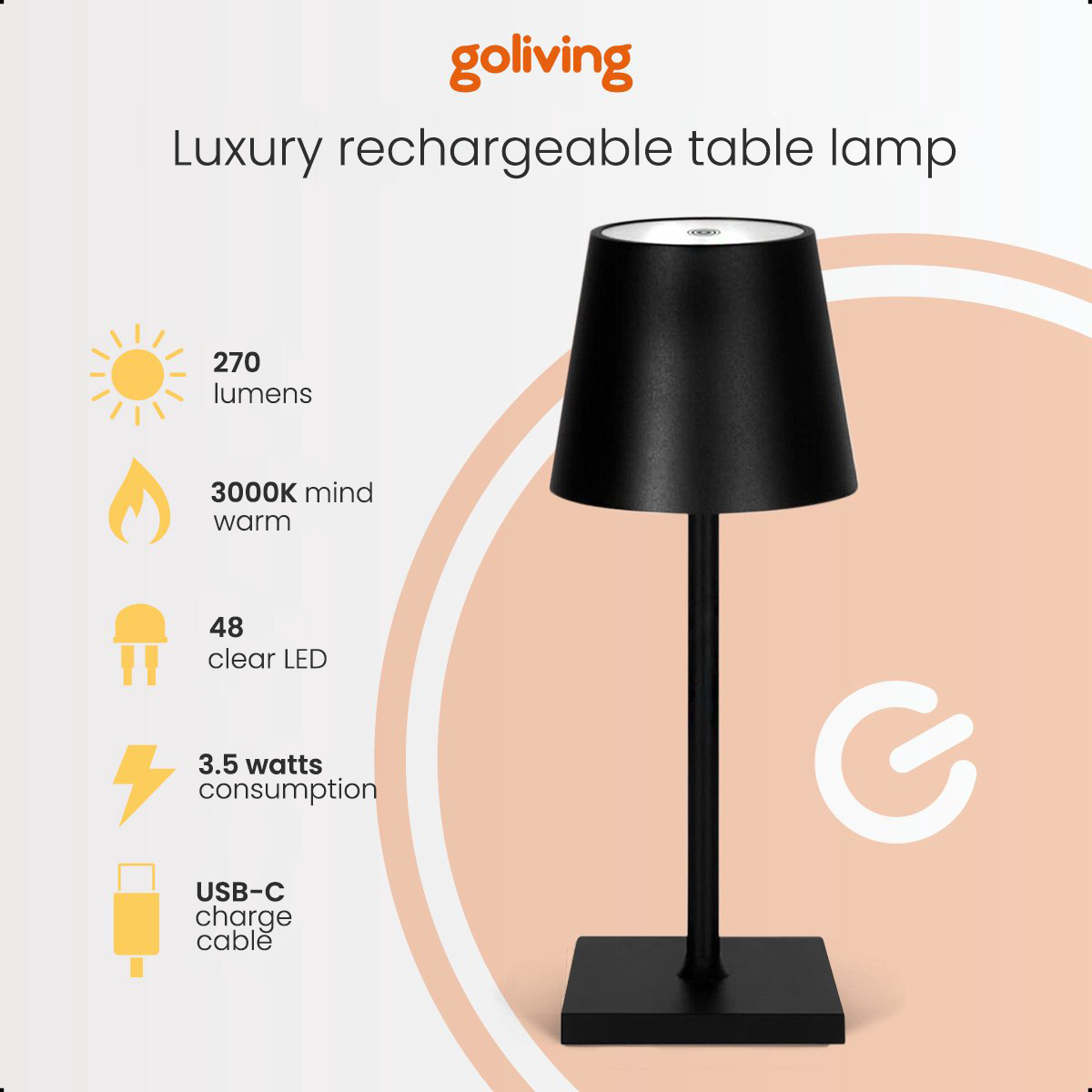 Black table lamp with a black shade. Has specifications on the left side.