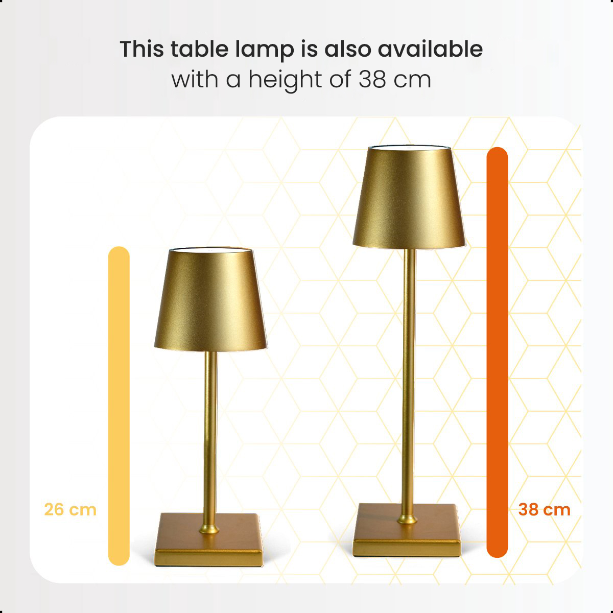 Two gold table lamps with dimensions. One is 26cm, the other 38cm.