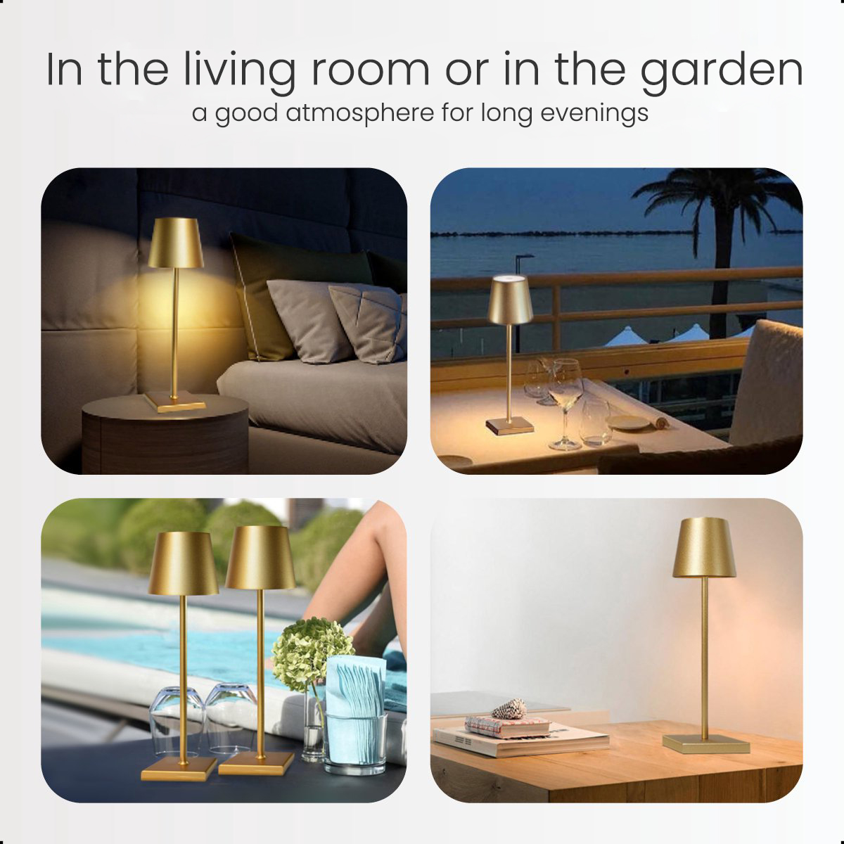 Four images showing gold table lamps in different indoor and outdoor settings.