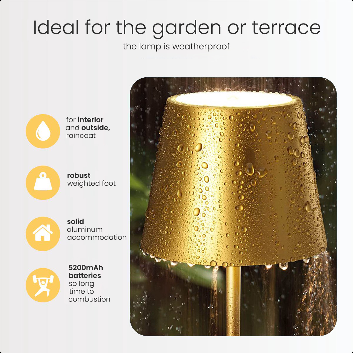 A golden outdoor lamp with raindrops, text about interior and exterior use, and long battery life.
