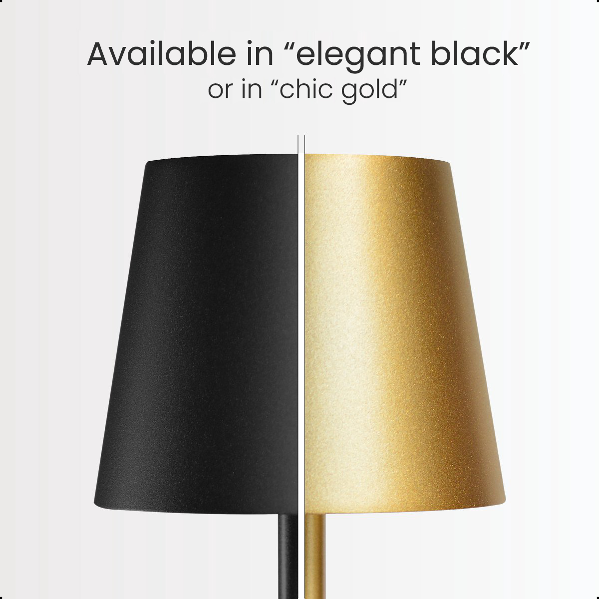 Lamp with black and gold shades. The text says 'Available in elegant black or chic gold'.