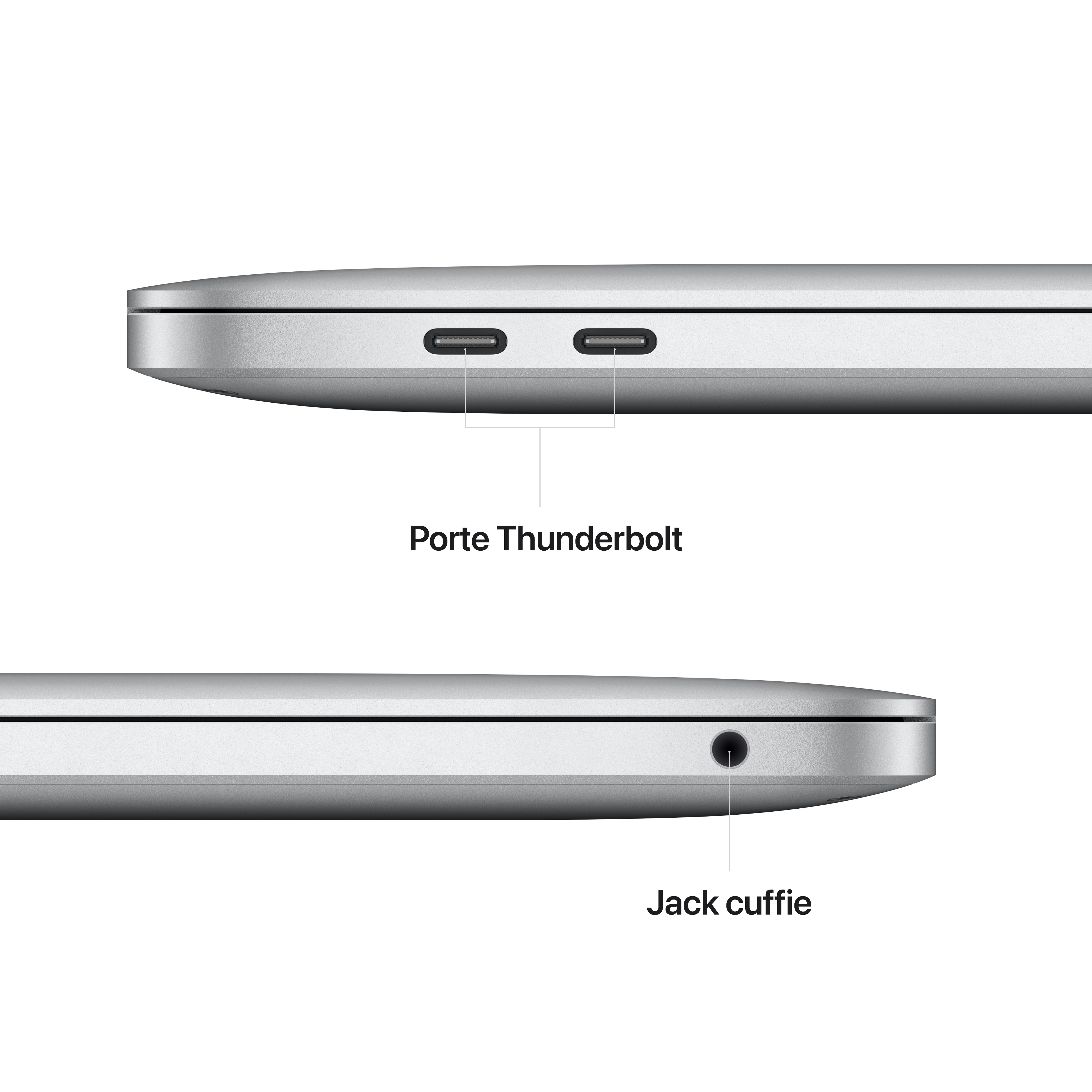 Zbliżenie na bok laptopa, pokazujące porty Thunderbolt i gniazdo słuchawkowe, z etykietami.