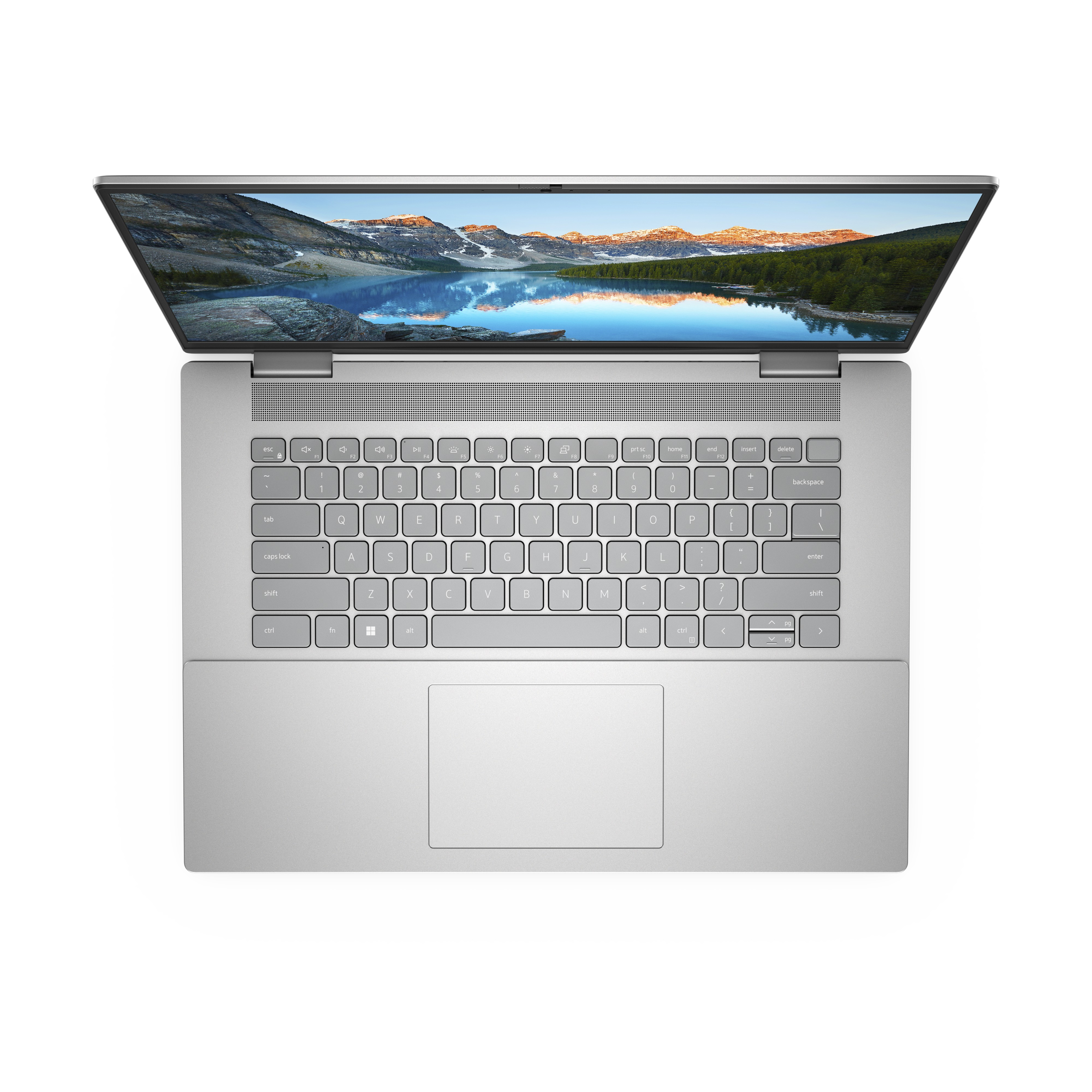 Silberner Laptop, Bildschirm zeigt Berglandschaft.