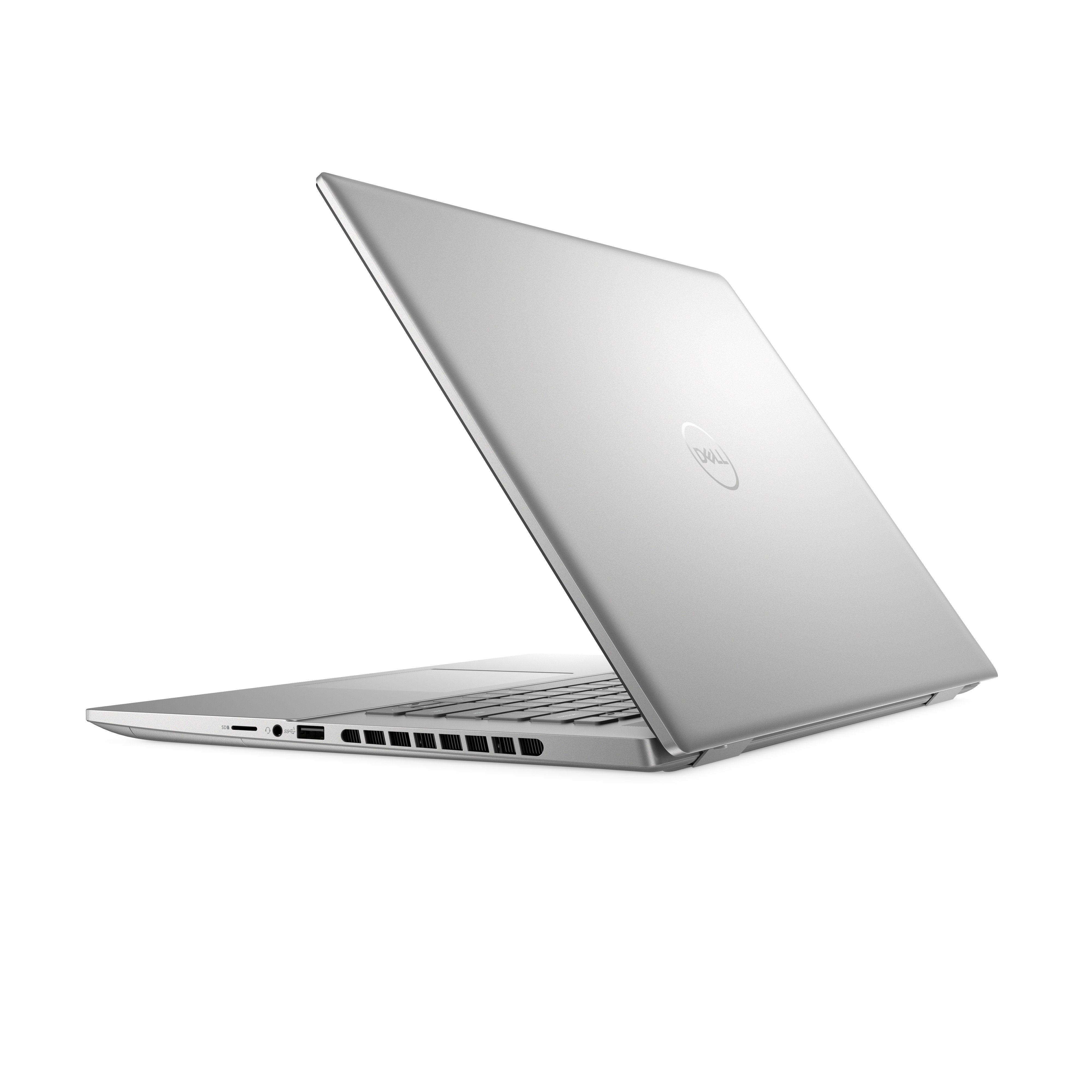 Dell Laptop, silber, geöffnet, zeigt die Oberseite und die Tastatur.