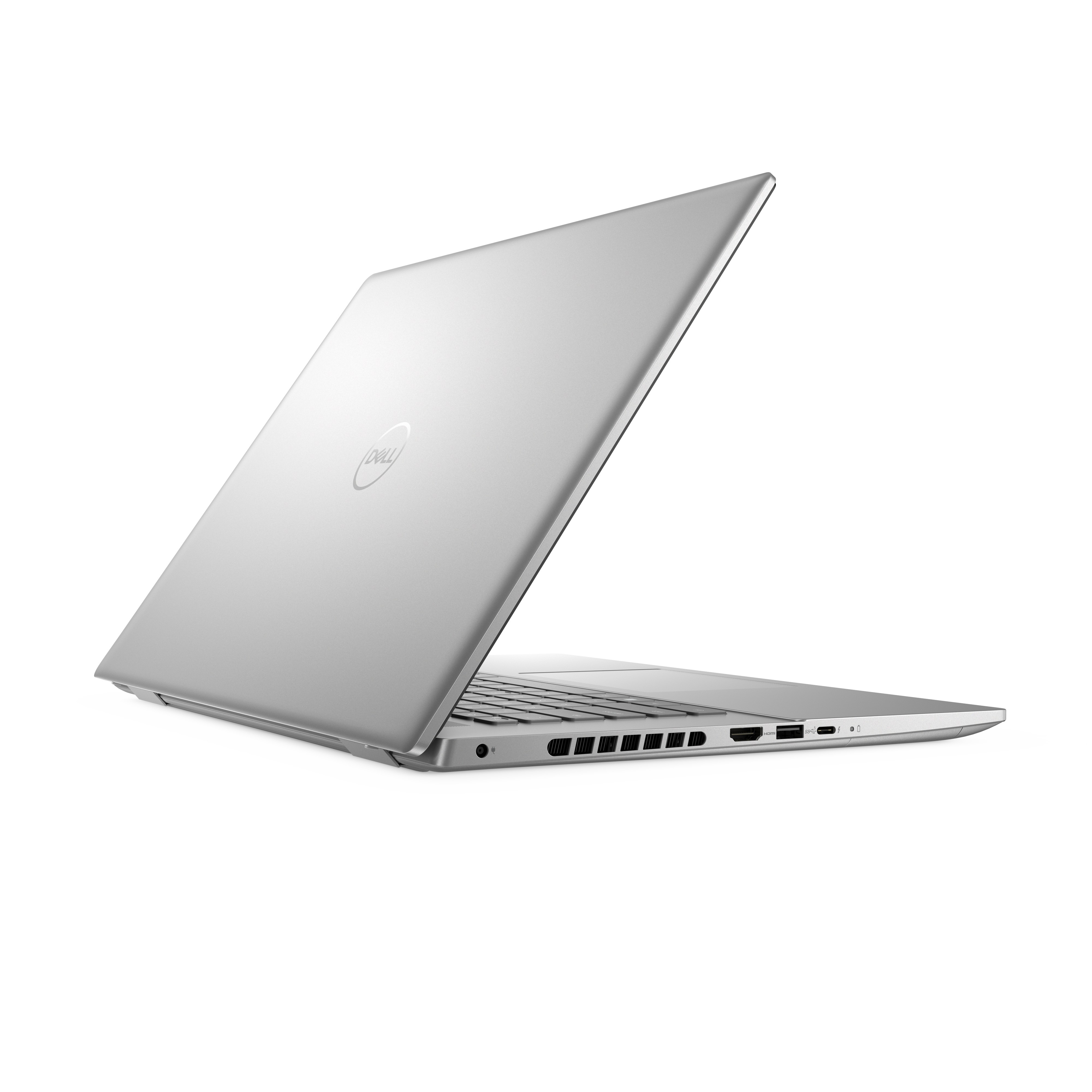 Ein silberner Laptop, geöffnet, zeigt die Rückseite mit dem Dell-Logo und eine Seitenansicht der Anschlüsse.