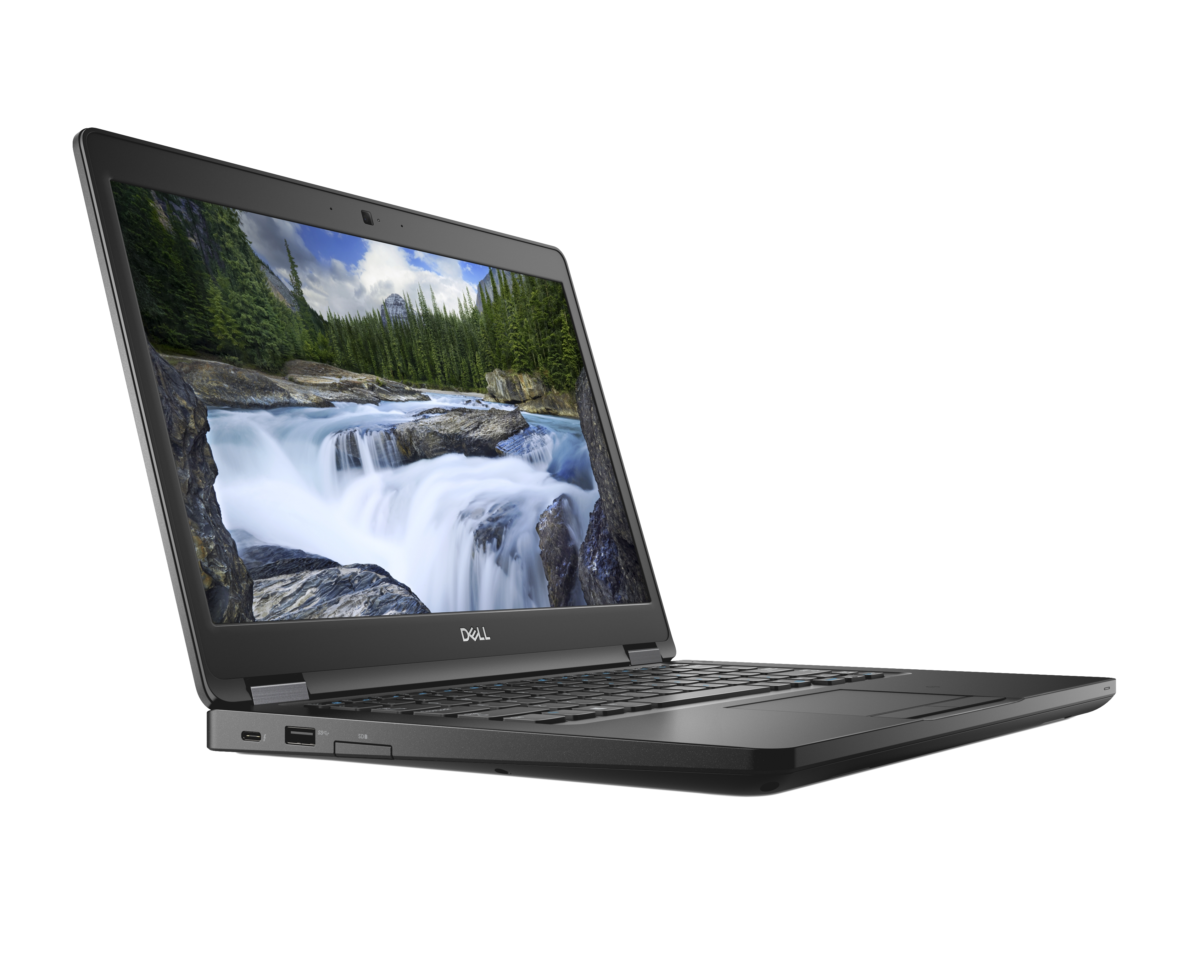 Schwarzer Laptop geöffnet, zeigt Wasserfallbild auf dem Bildschirm, weißer Hintergrund.