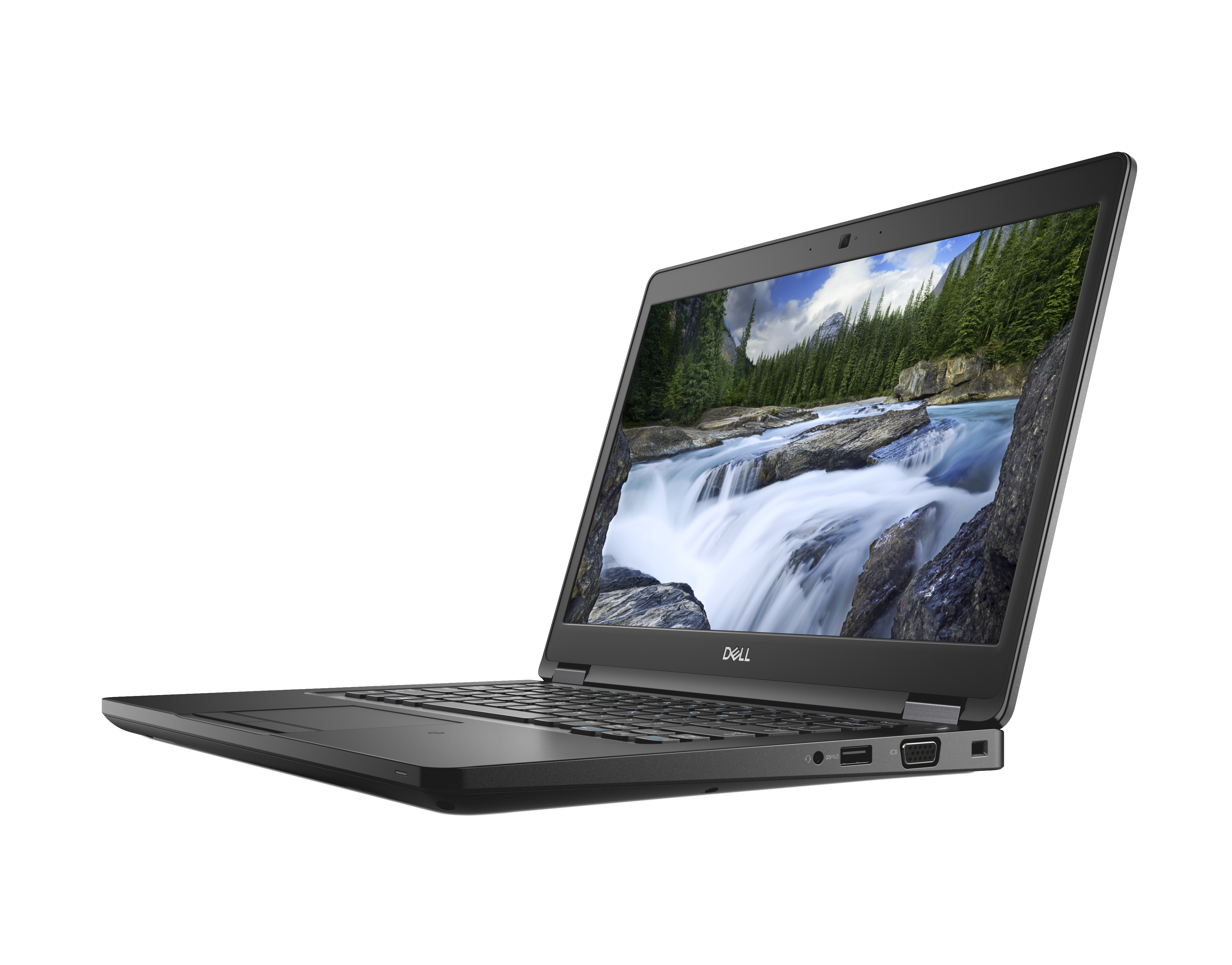 Schwarzer Laptop geöffnet, zeigt Wasserfallbild auf dem Bildschirm, weißer Hintergrund.