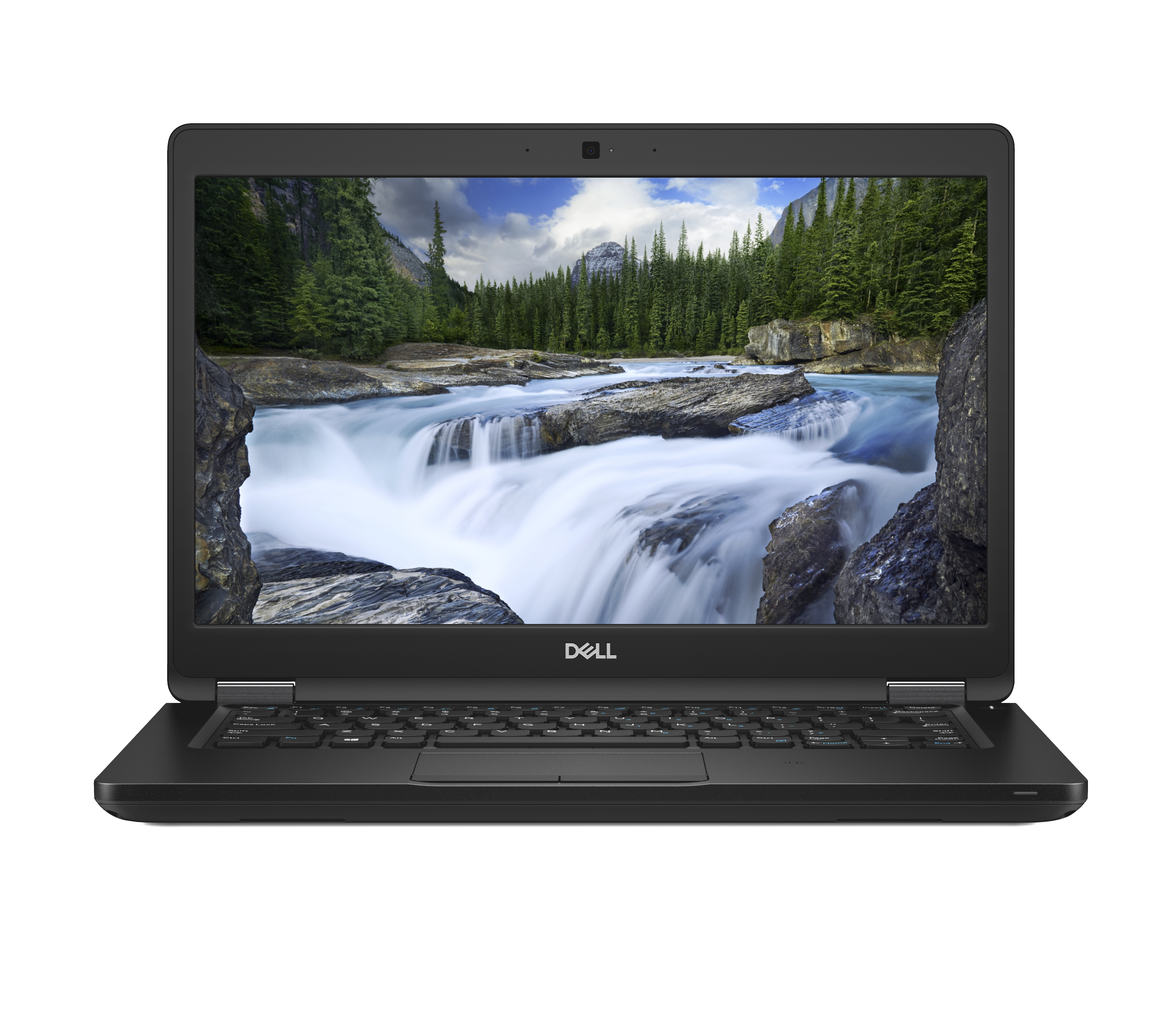 Schwarzer Laptop, offen, der eine Wasserfallszene zeigt. Das Dell-Logo befindet sich am unteren Bildschirmrand.