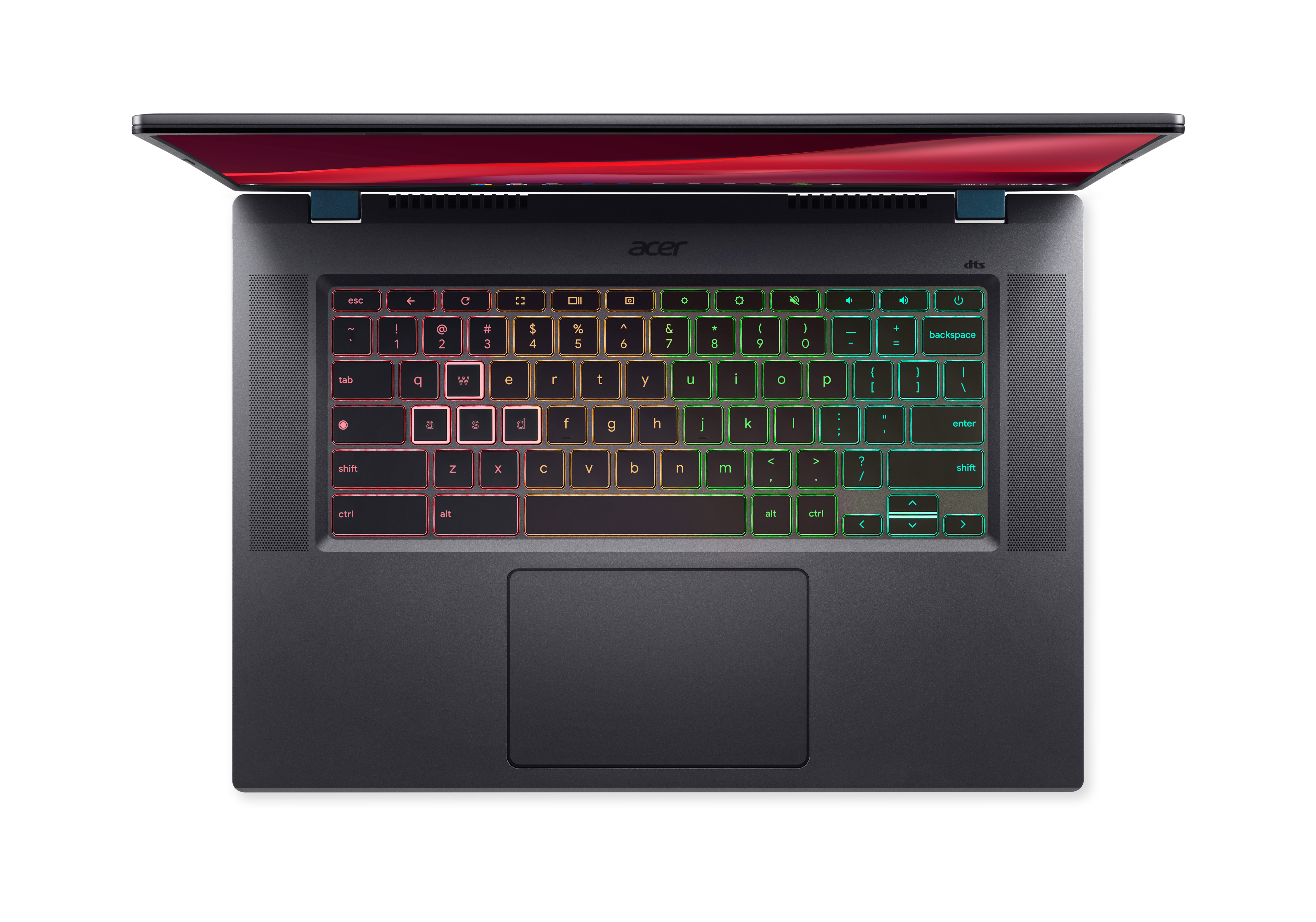 Draufsicht auf Acer-Laptop. Tastatur mit bunten beleuchteten Tasten, Touchpad, Bildschirm geöffnet.