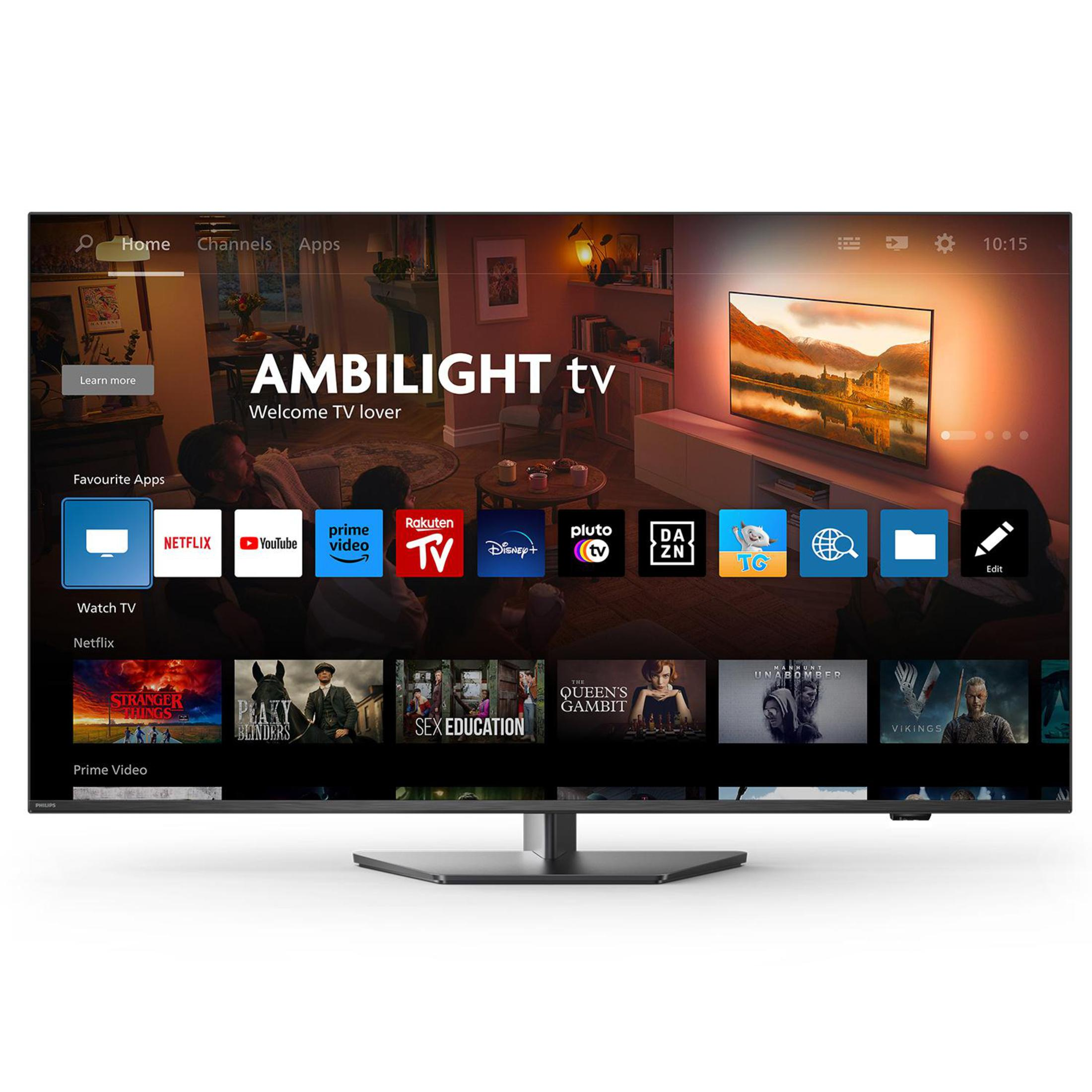 Ein Smart-TV, das eine Benutzeroberfläche mit Apps und Inhalten anzeigt.