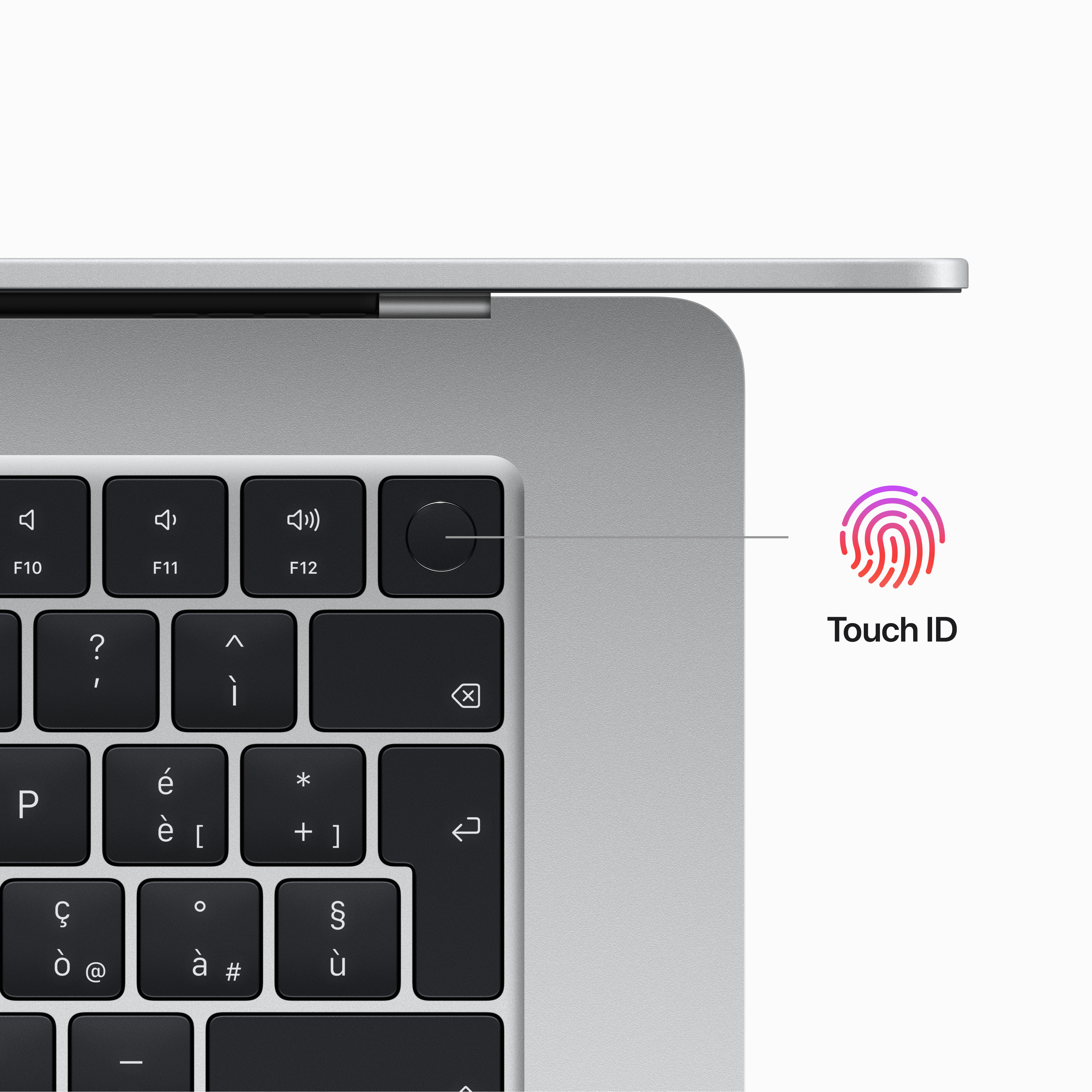 Zbliżenie klawiatury laptopa ze wskaźnikiem Touch ID. Widoczne klawisze, ze srebrną podstawą. Widoczna górna krawędź.