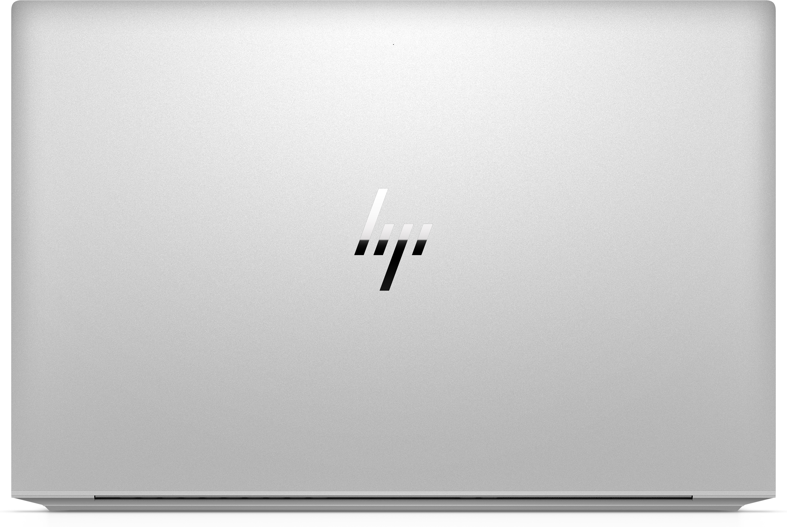 The back of a silver laptop with the HP logo, isolated on a white background.