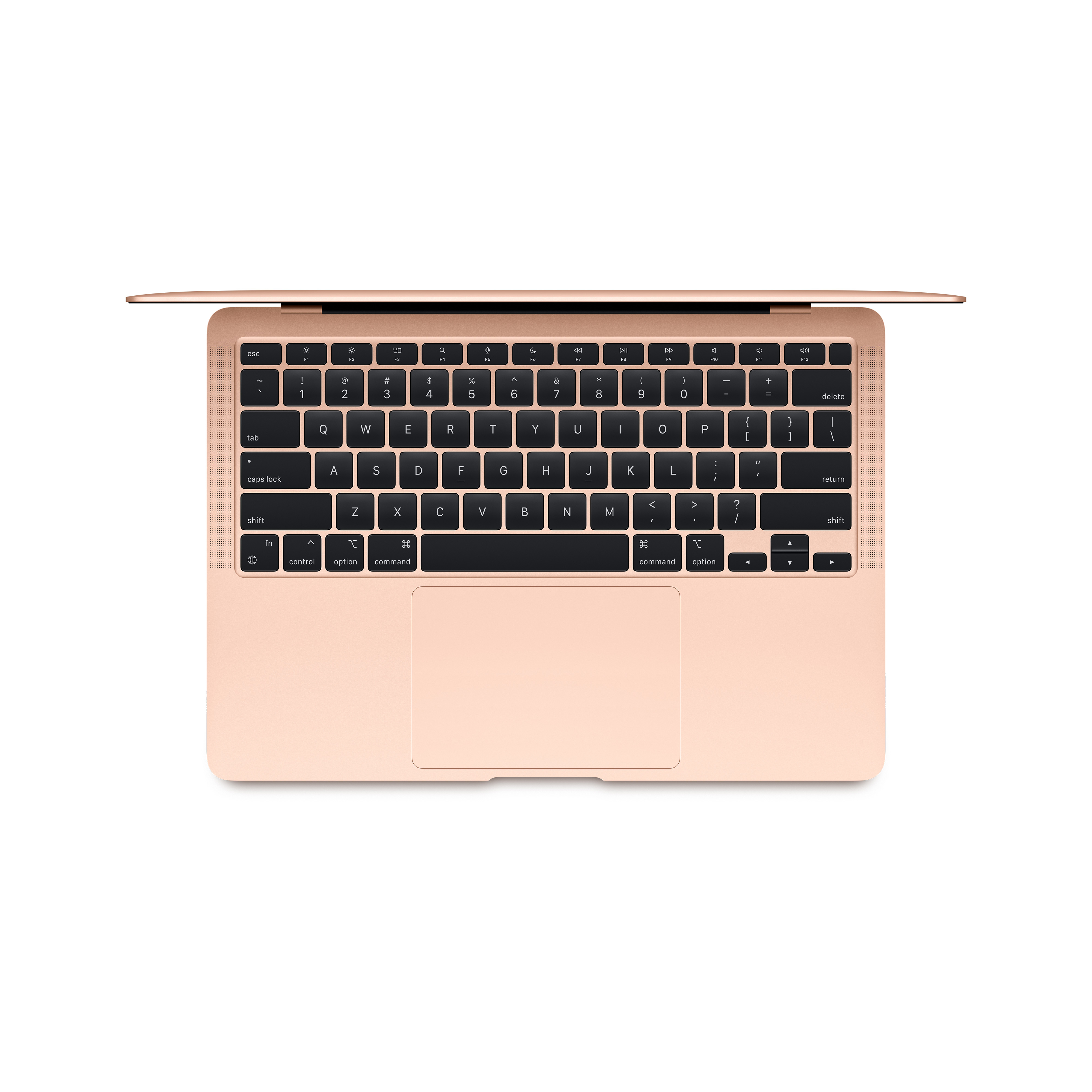 Widok z góry na laptopa z klawiaturą w kolorze różowego złota i czarnym ekranem, na białym tle.
