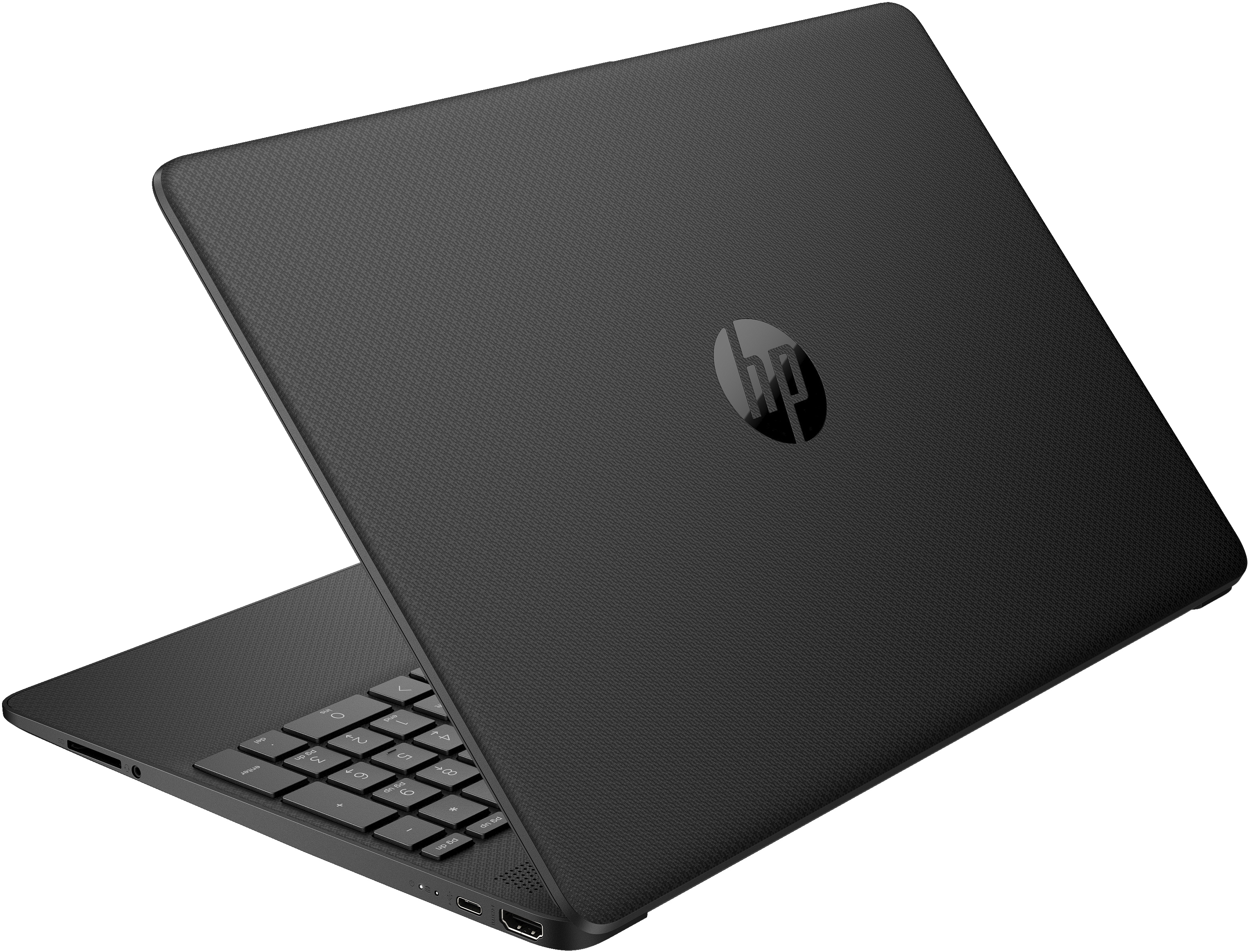 Czarny laptop z logo HP na pokrywie, lekko otwarty. Widoczny jest tył laptopa.