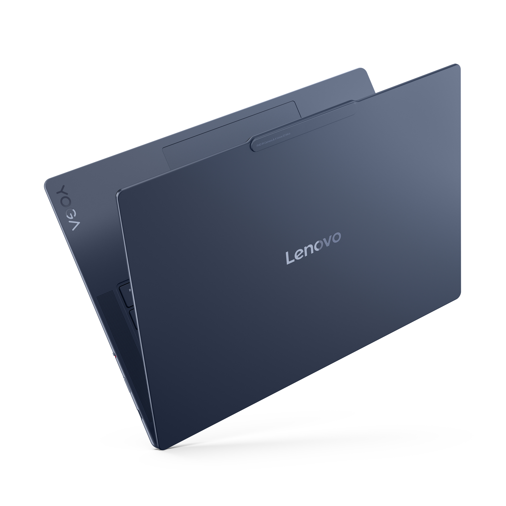 Granatowy laptop Lenovo, widok z góry, z zamkniętą pokrywą. Logo Lenovo jest wyśrodkowane.