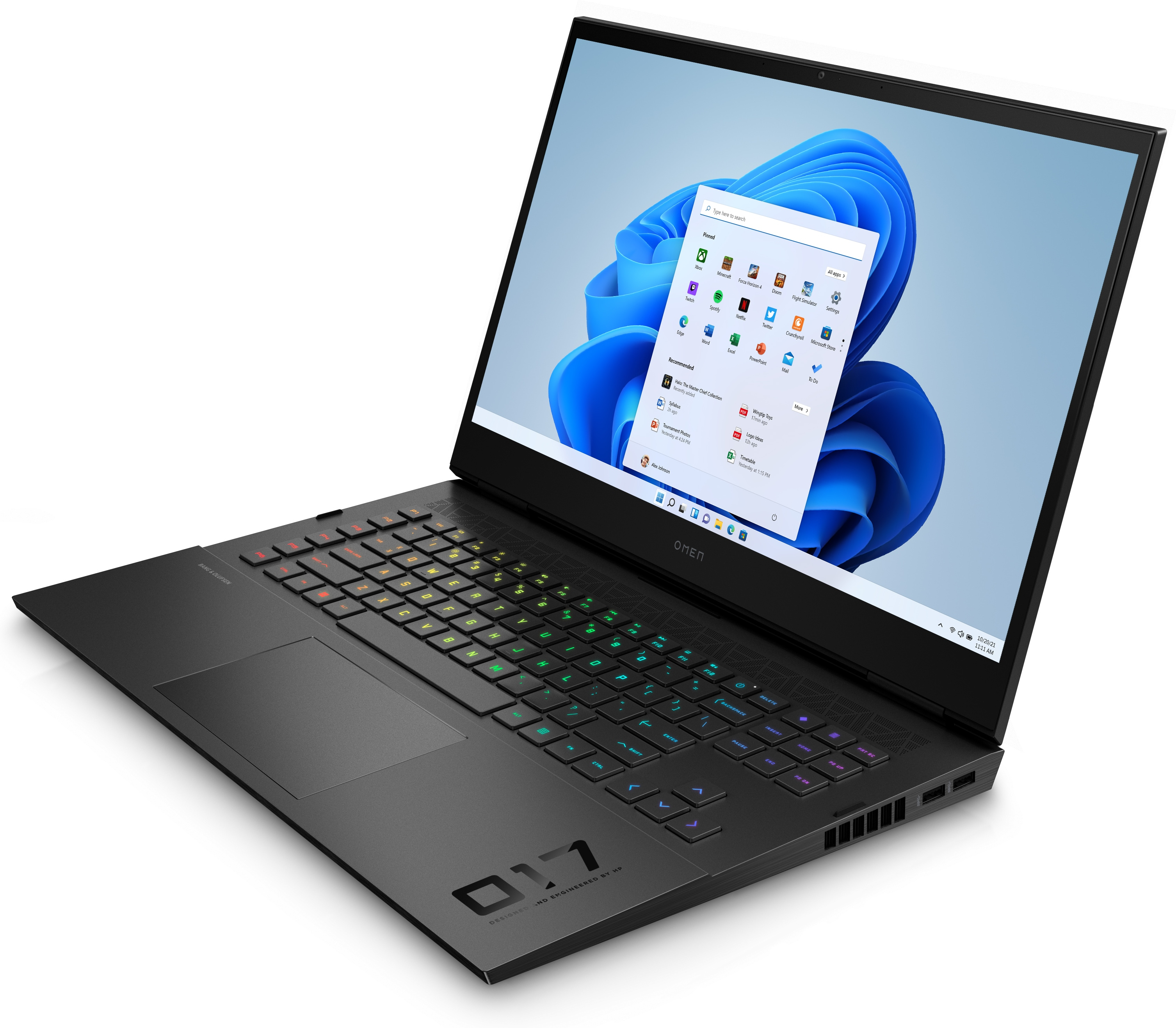 Schwarzer Laptop mit geöffnetem Bildschirm, der ein Windows-Menü anzeigt, auf weißem Hintergrund.