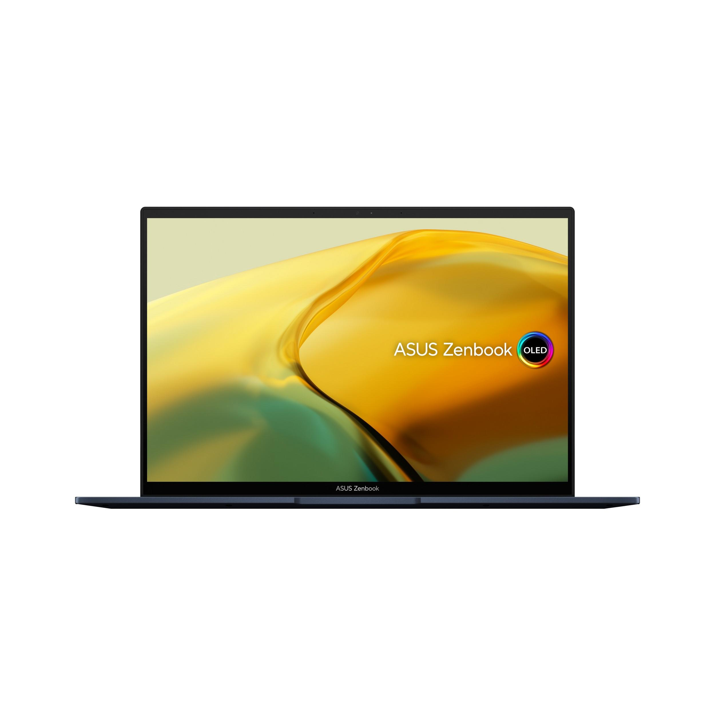 Portátil, abierto, con pantalla 'ASUS Zenbook OLED'. La pantalla es azul oscuro.