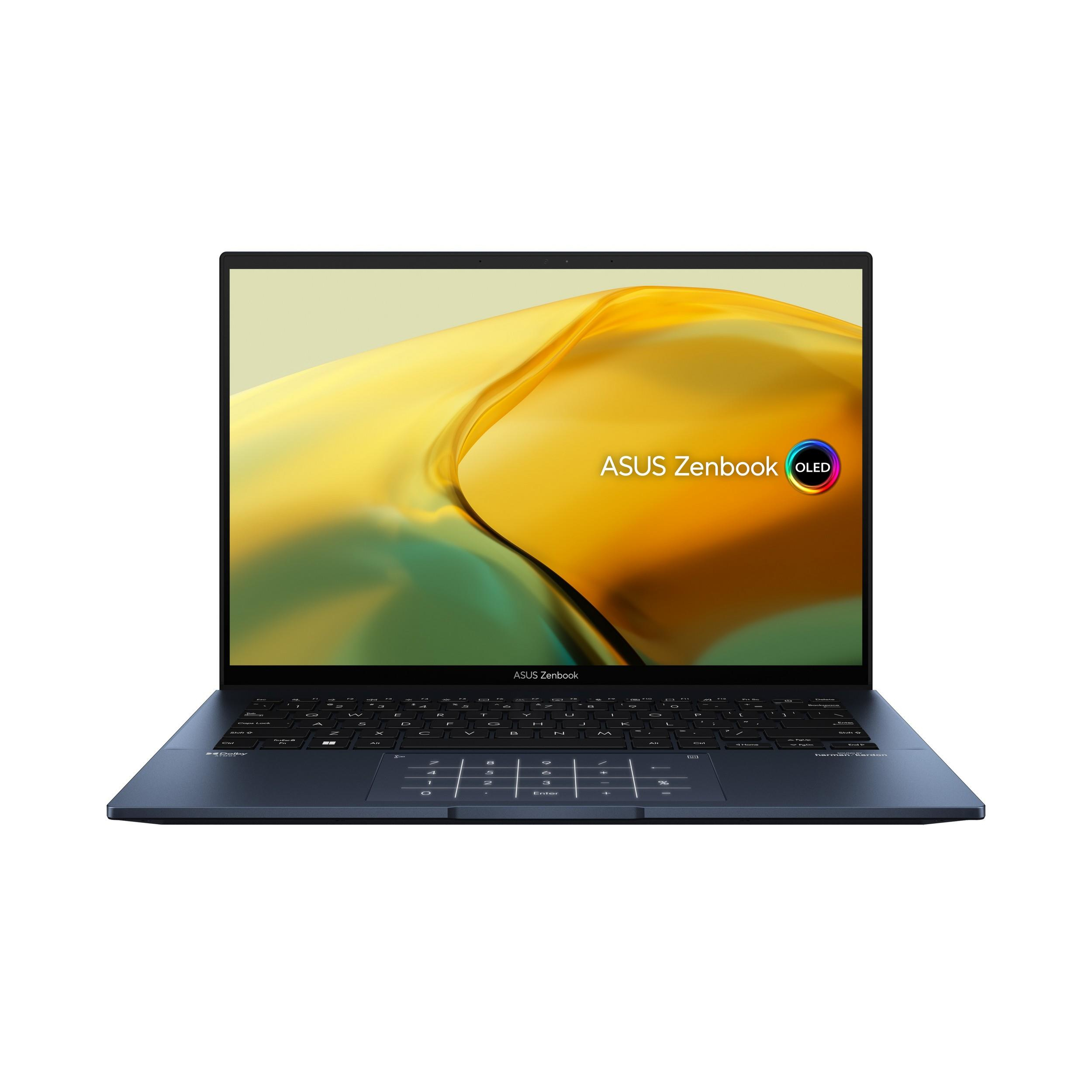 Portátil azul abierto con ASUS Zenbook en pantalla, teclado visible.