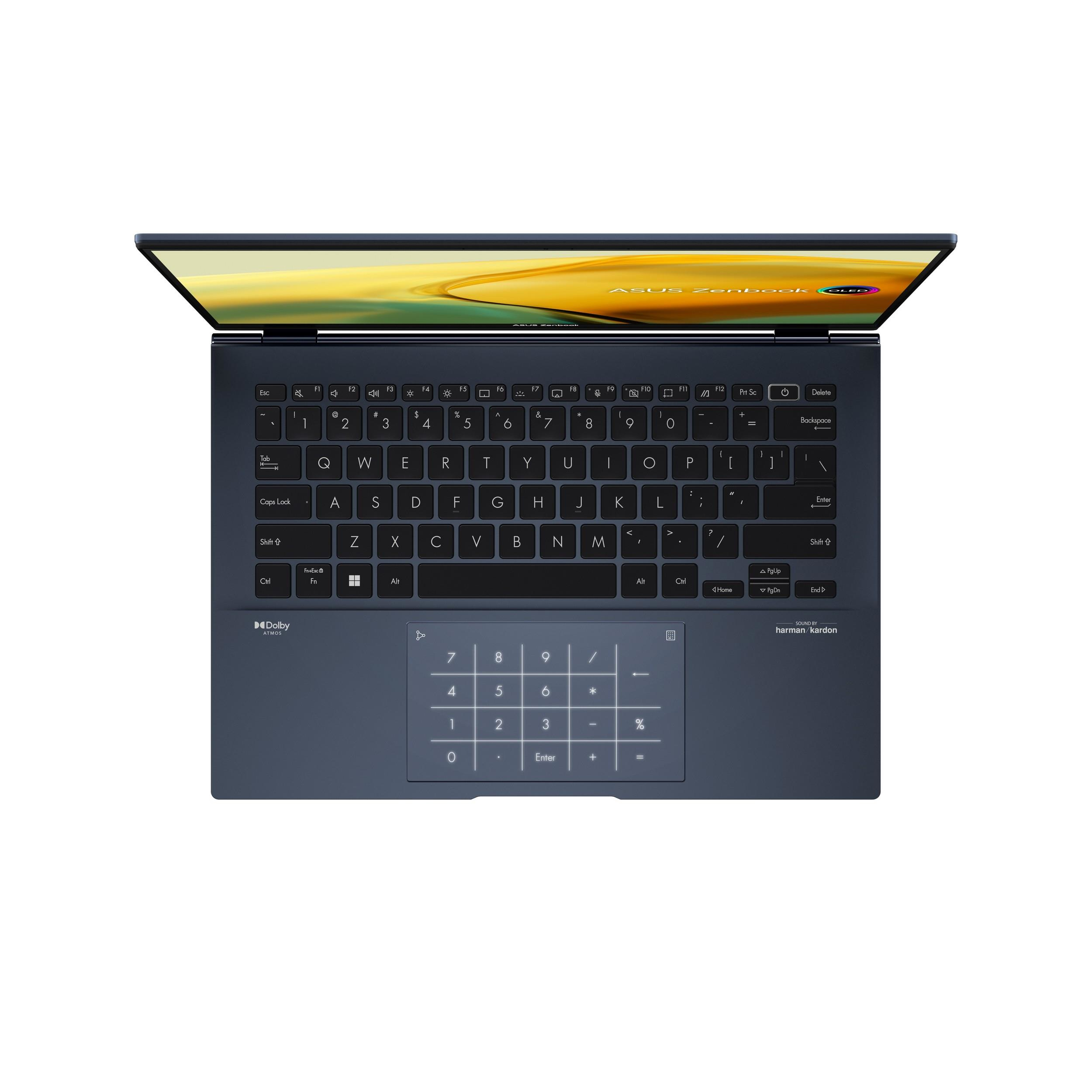 Ordenador portátil, vista superior, abierto, teclado azul oscuro. Fondo blanco, teclado numérico. Marca arriba.