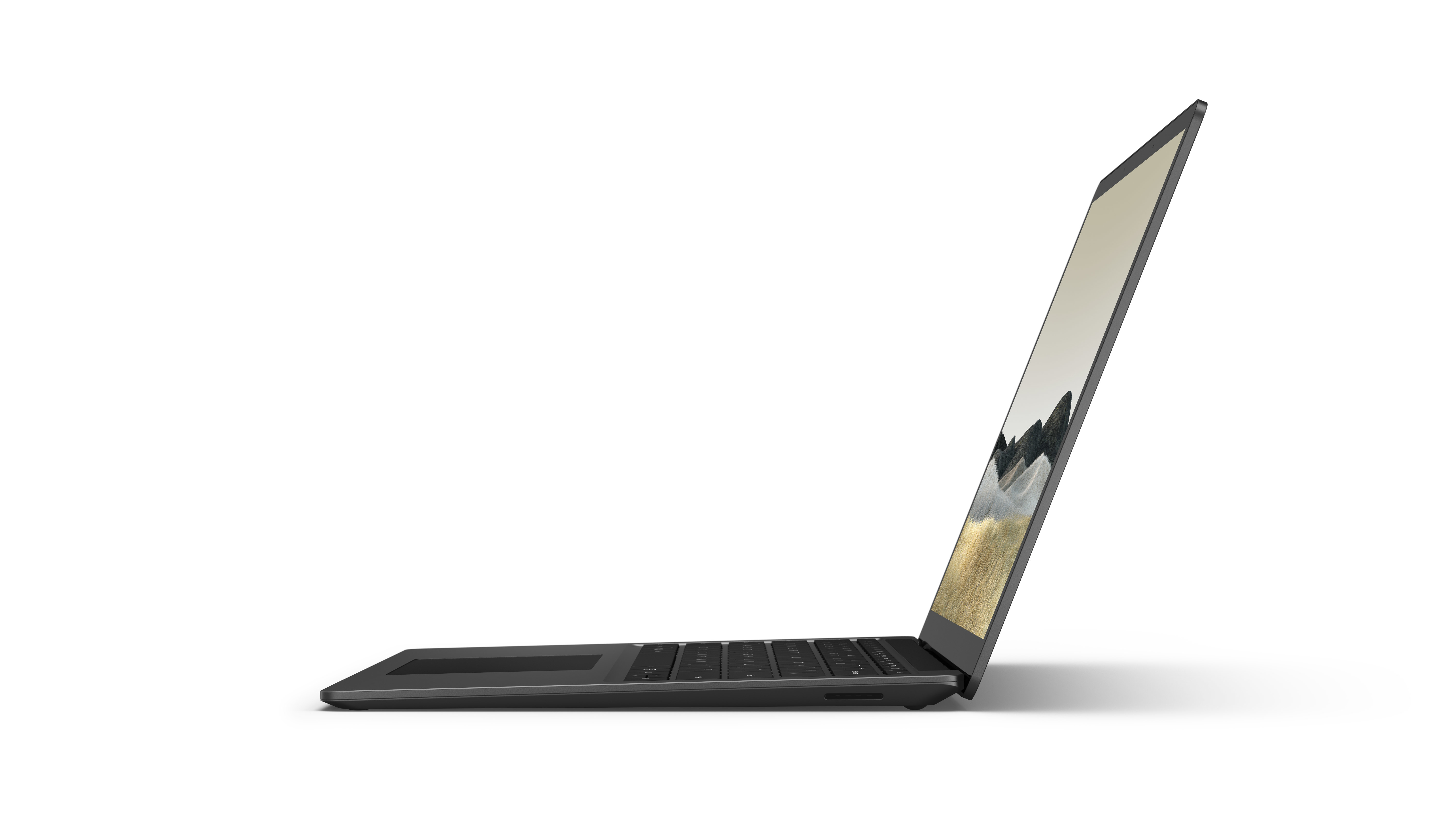 Laptop-Seitenansicht, teilweise geöffnet, Landschaftsbild, auf weißem Hintergrund, sauber und minimalistisch.