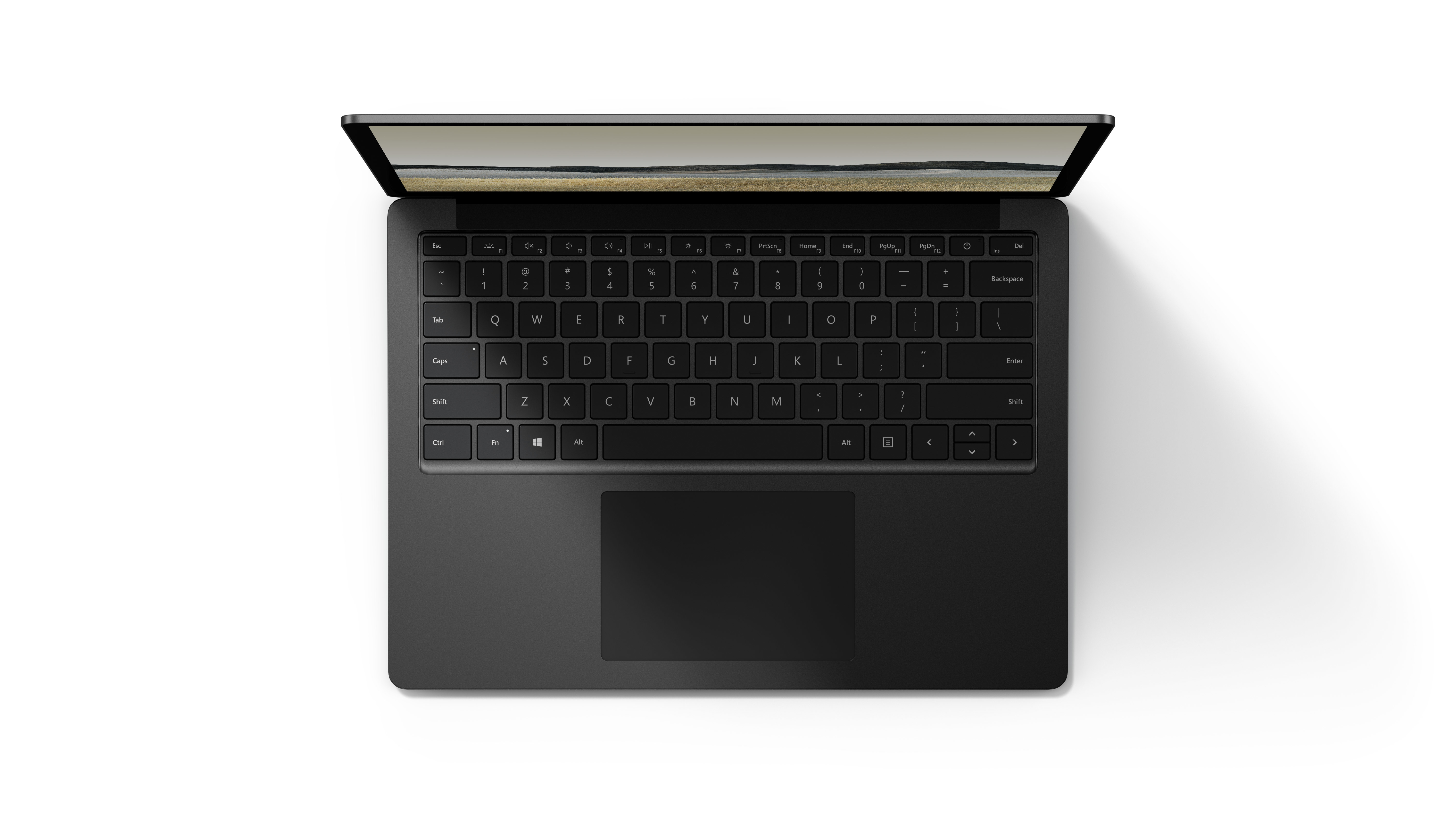 Ein schwarzer Laptop von oben, offen mit Tastatur und Touchpad.