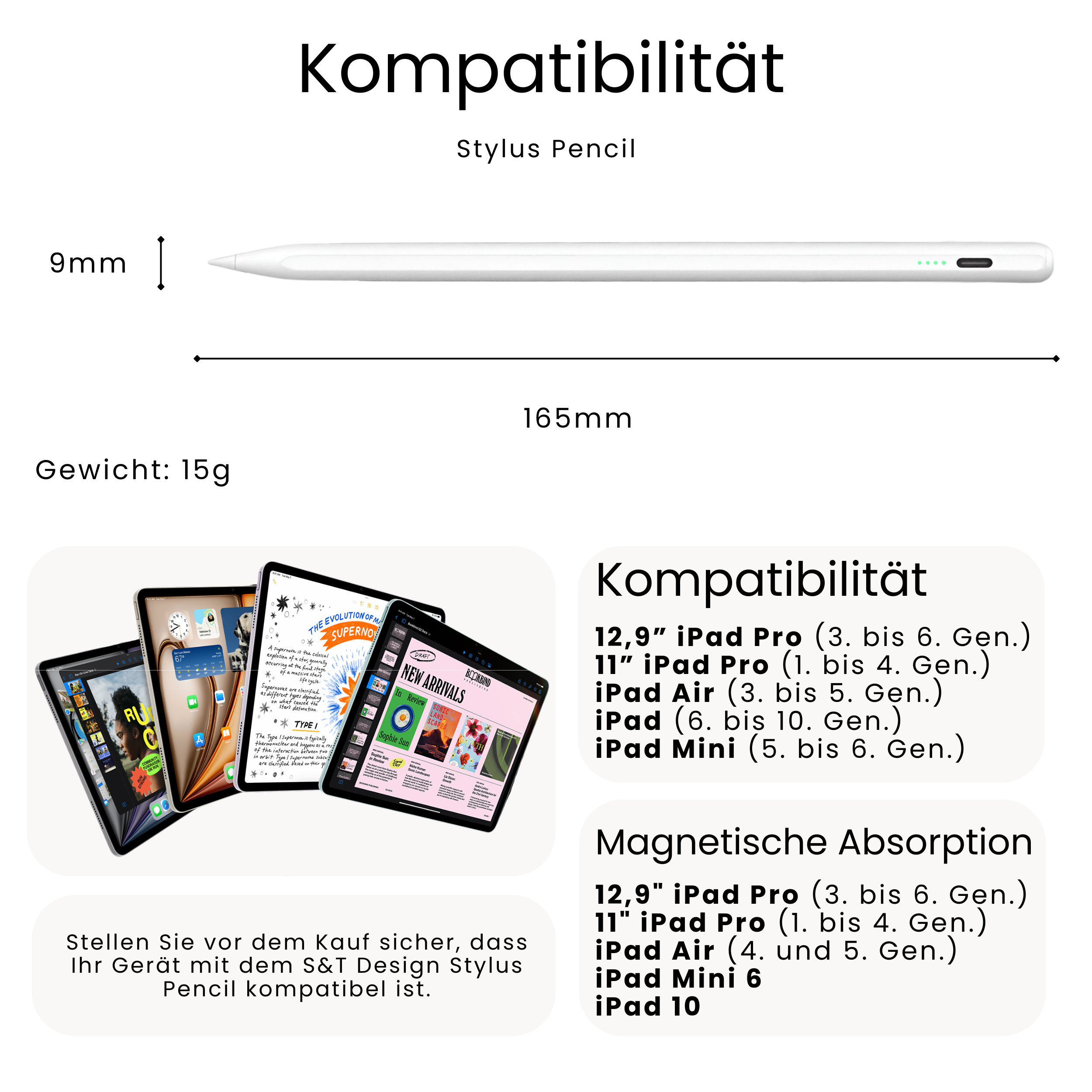 Weißer Stift mit Abmessungen und Kompatibilitätsliste auf weißem Hintergrund, plus iPad-Bilder.