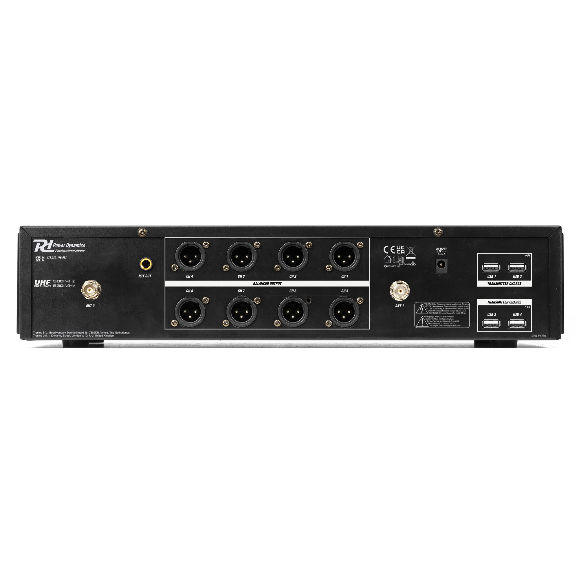 Back panel of a black audio device with ports and inputs. White background.