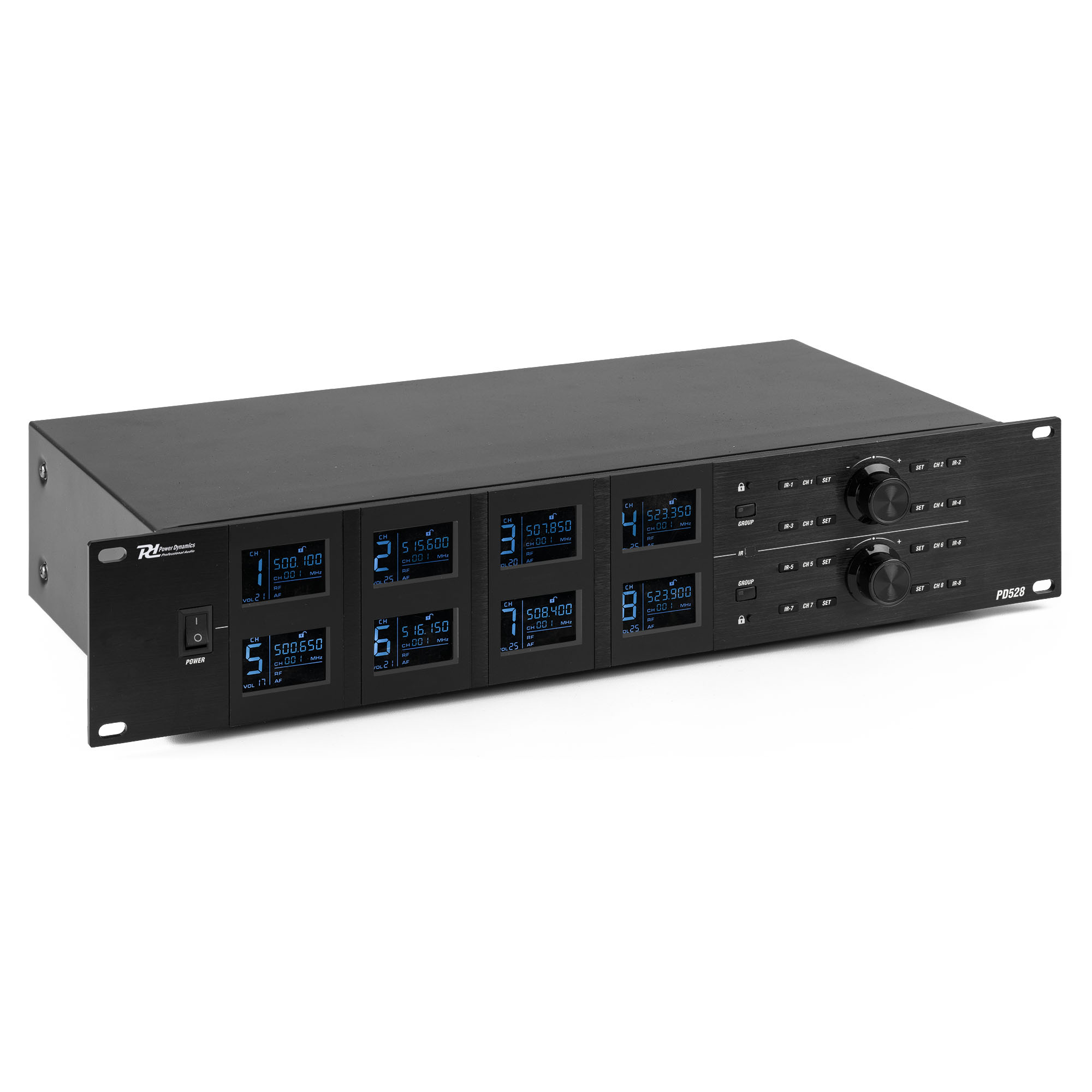 A black audio device with blue digital displays. It has knobs, buttons, and a power switch. The device is on a white background.