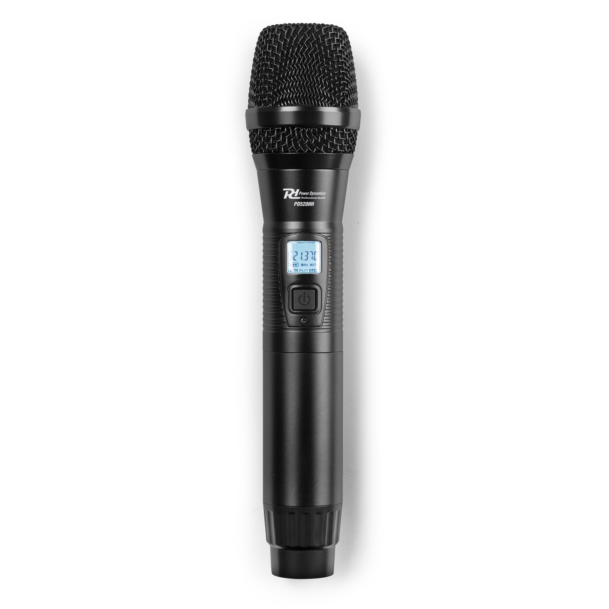 A black wireless microphone with a display and buttons, on a white background.