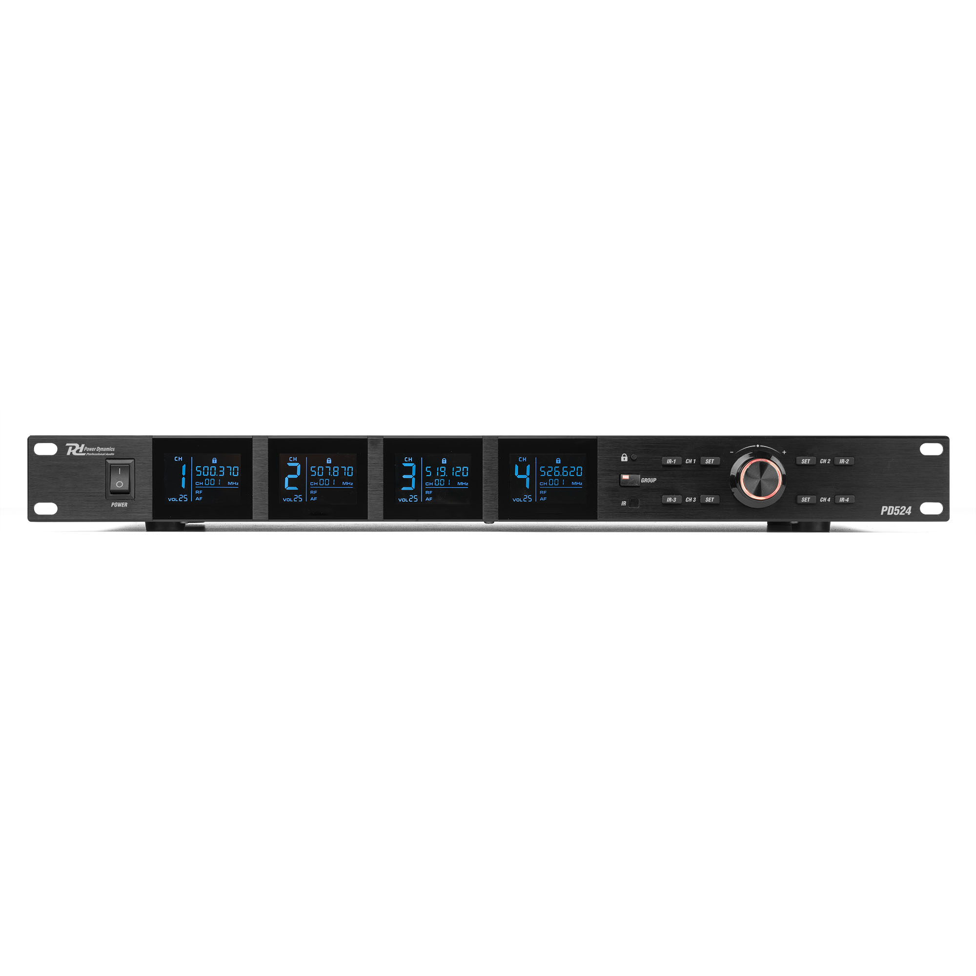 A black audio device with blue digital displays. Shows multiple channels and controls. White background.