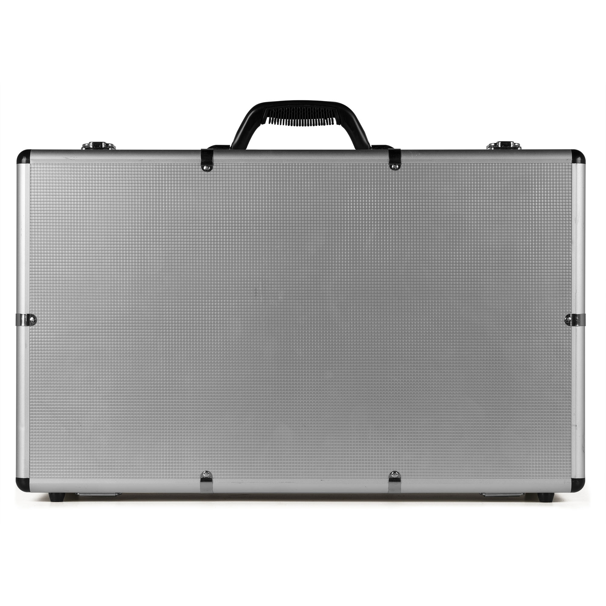 A silver briefcase with a black handle on white background.