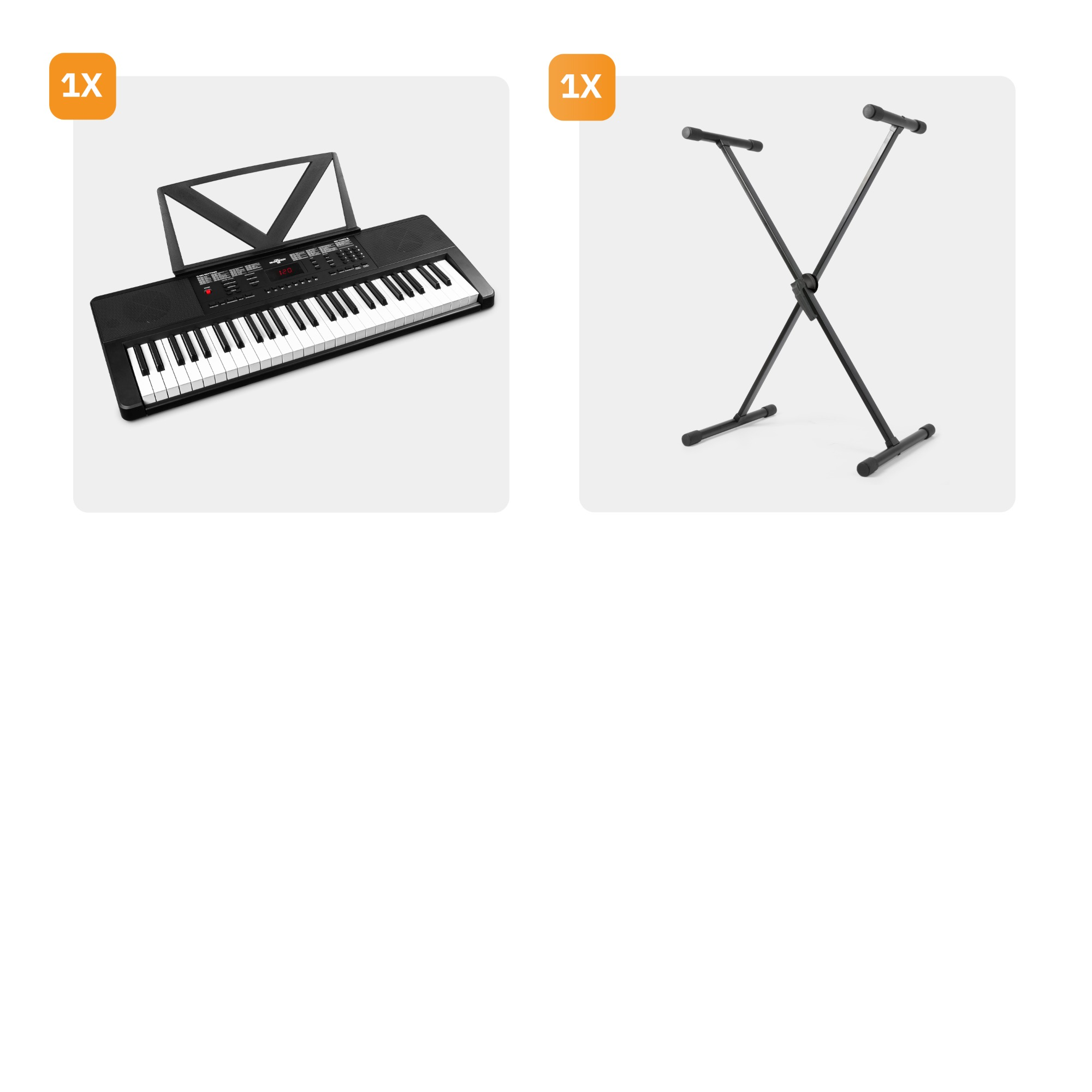 Een keyboard piano en zijn X-standaard.