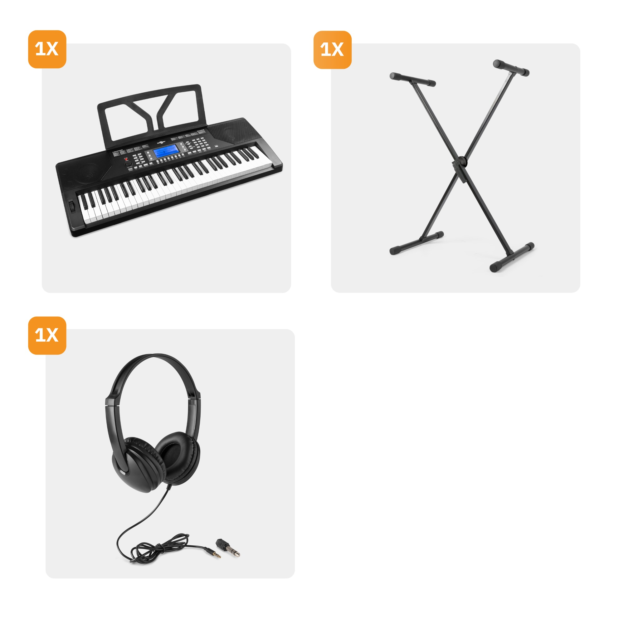 Teclado de piano, soporte y auriculares. Todo negro. Fondo blanco.