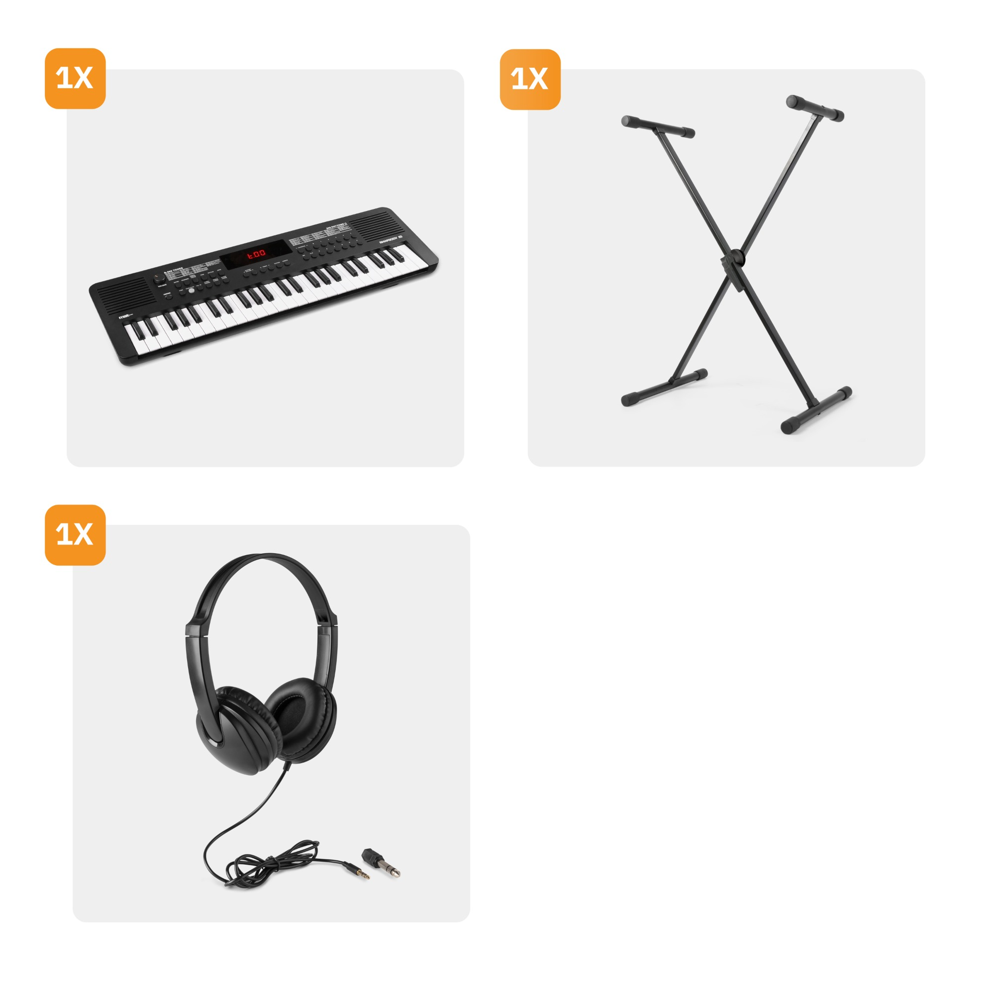 Een set muziekinstrumenten: keyboard, standaard en hoofdtelefoon. Geïsoleerd op wit.
