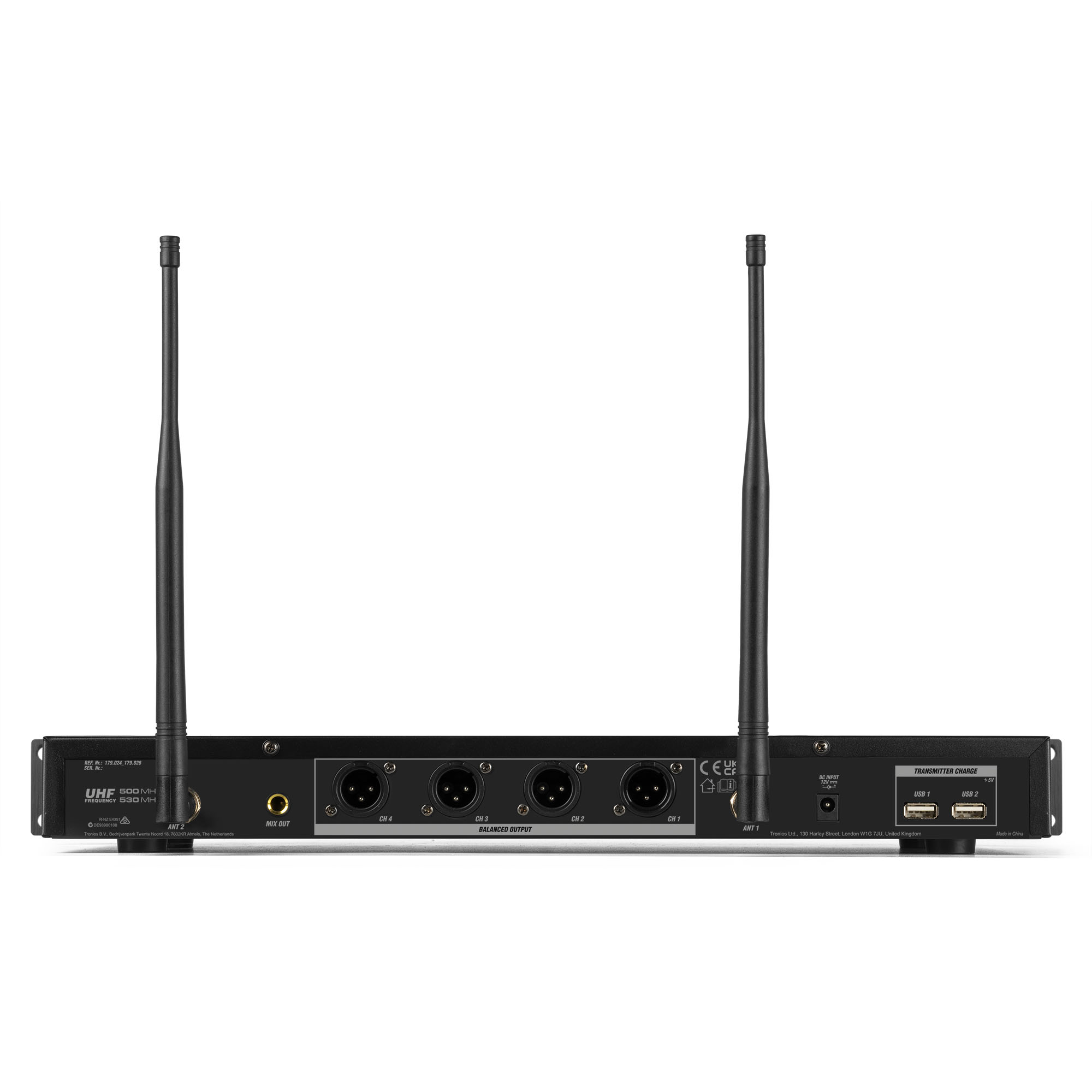 Back of a black audio device, with two antennas and multiple input/output ports. White background.