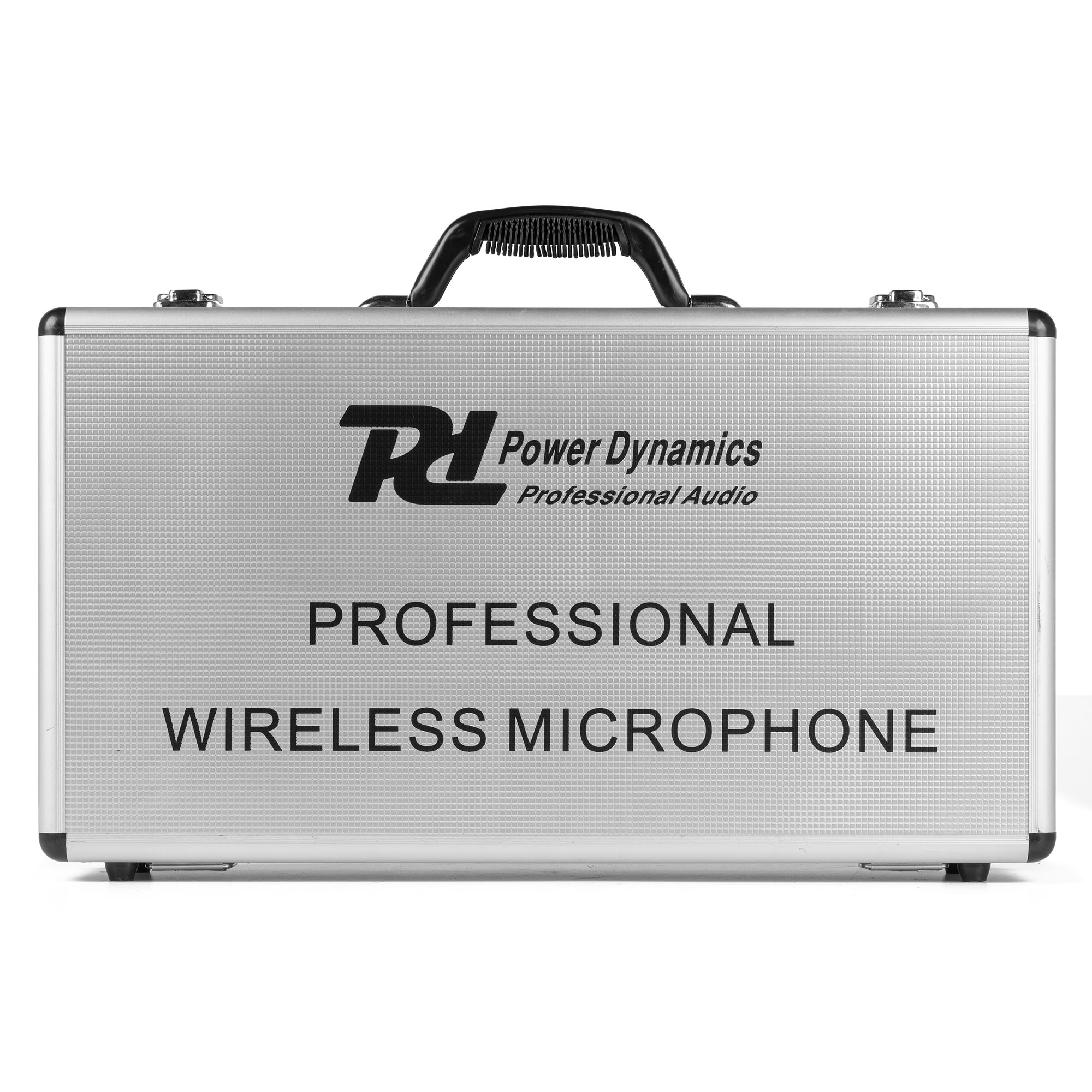 Silver metal case with 'Power Dynamics' and 'Professional Wireless Microphone' printed on it. Black handle.