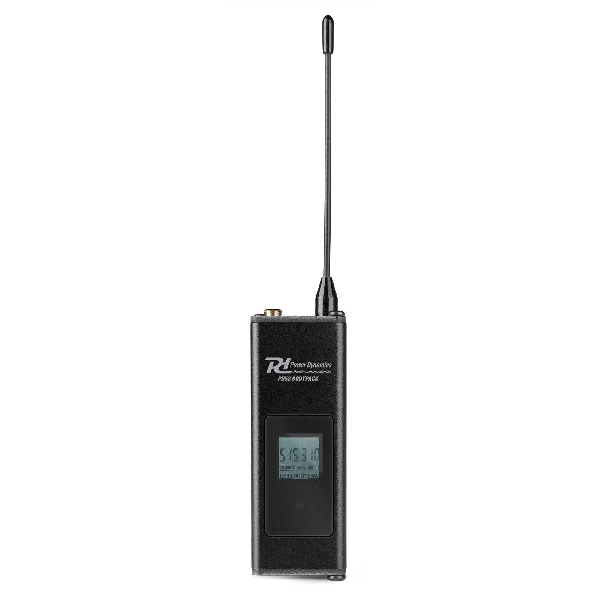 Black bodypack with an antenna. It has a screen displaying numbers. Power Dynamics logo is visible.