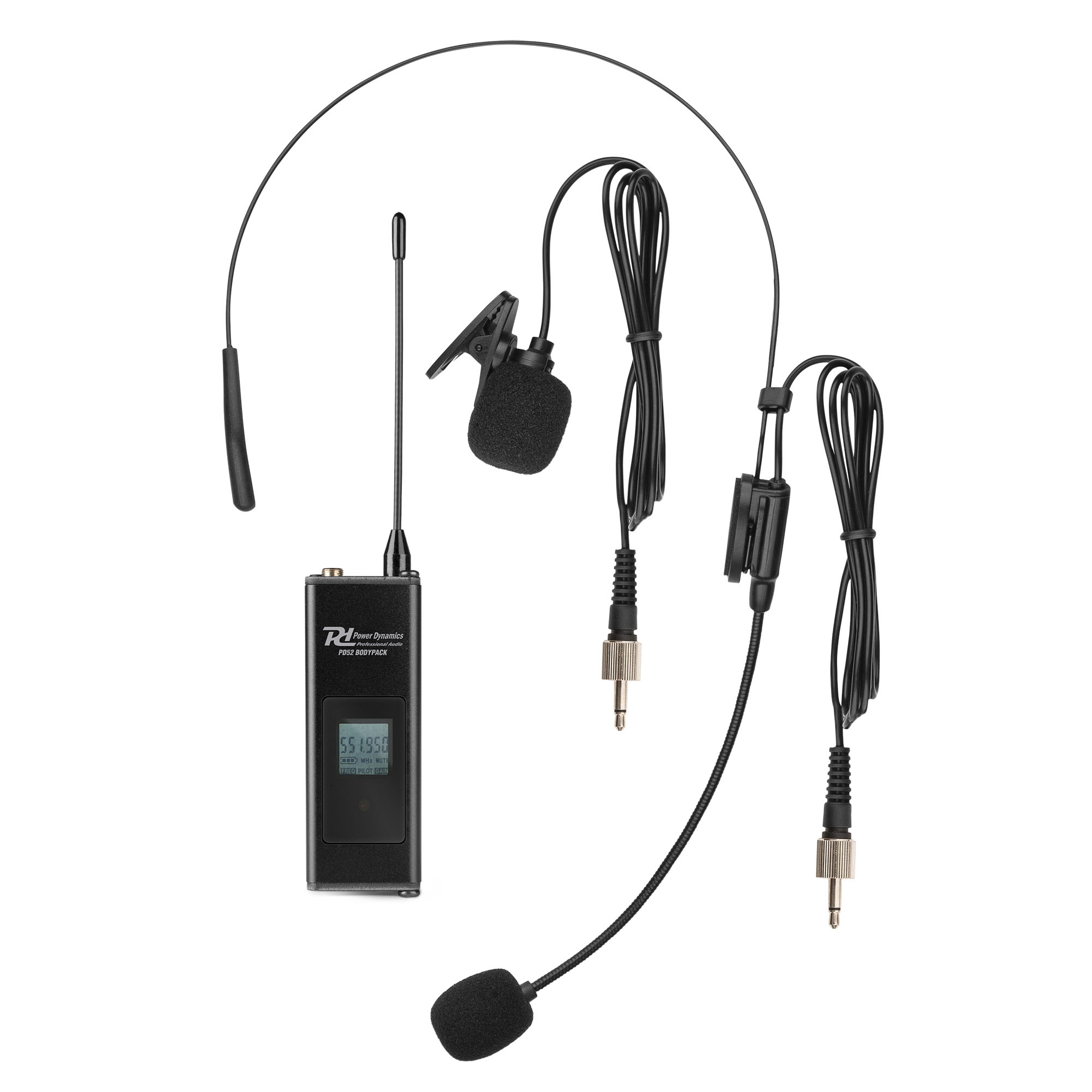 Wireless microphone system components. Includes transmitter, receiver, and headset microphone.