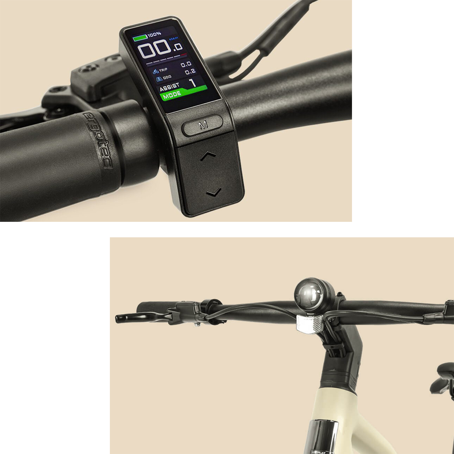 Nahaufnahme eines Fahrradlenkers mit einem Display, das Geschwindigkeit und Unterstützungsmoduseinstellungen zeigt.