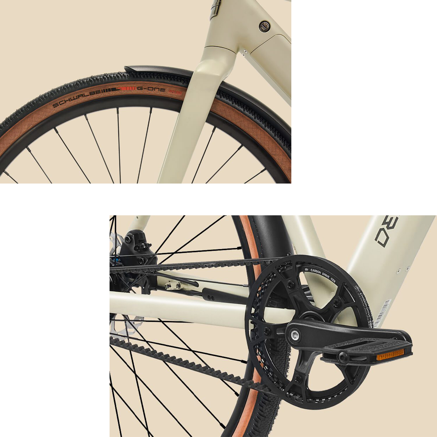 Nahaufnahme von Fahrradteilen: Reifen, Kotflügel, Kette. Beiger Hintergrund, Fahrradrahmen sichtbar.