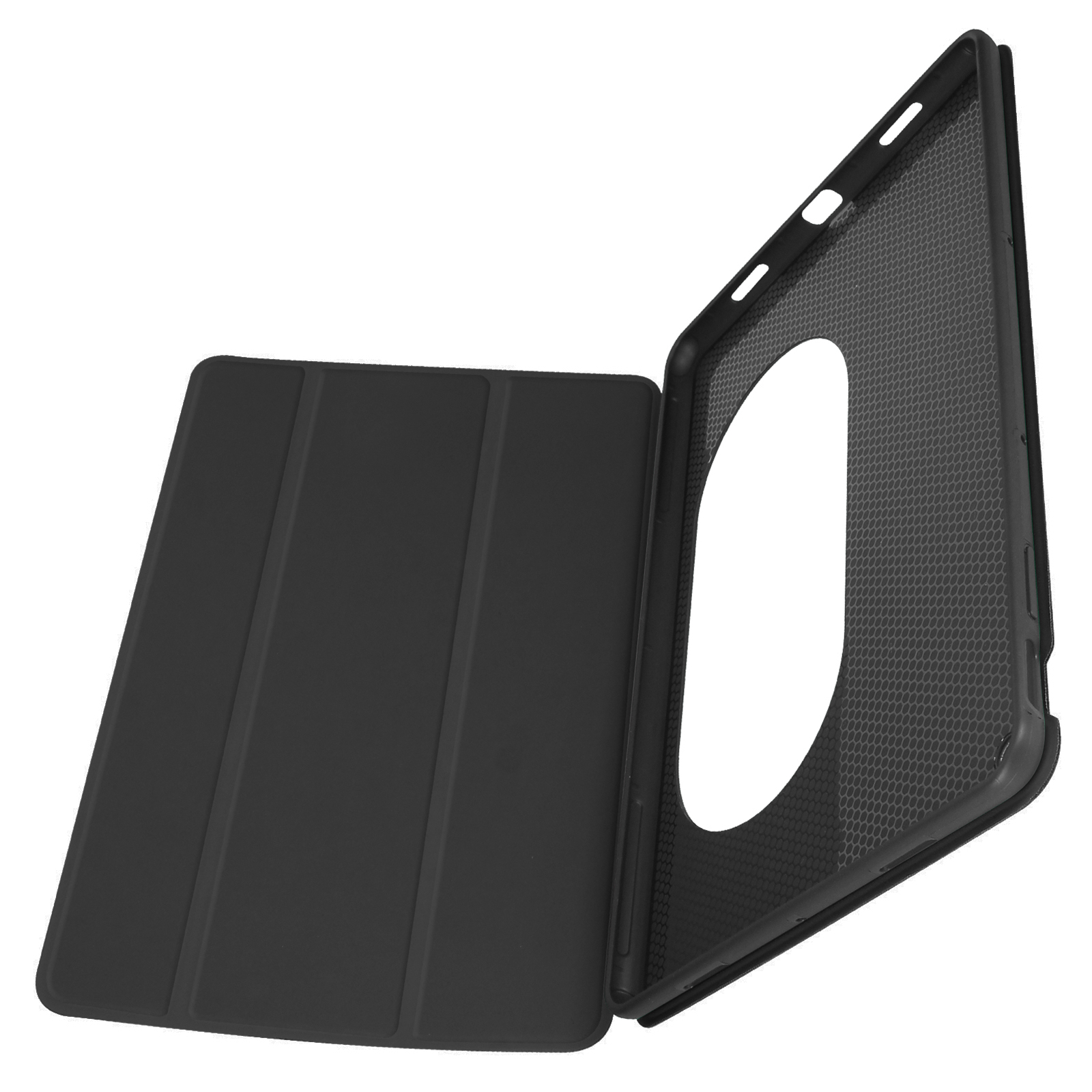 Custodia per tablet nera. La custodia è aperta, rivelando l'interno con un motivo a nido d'ape.
