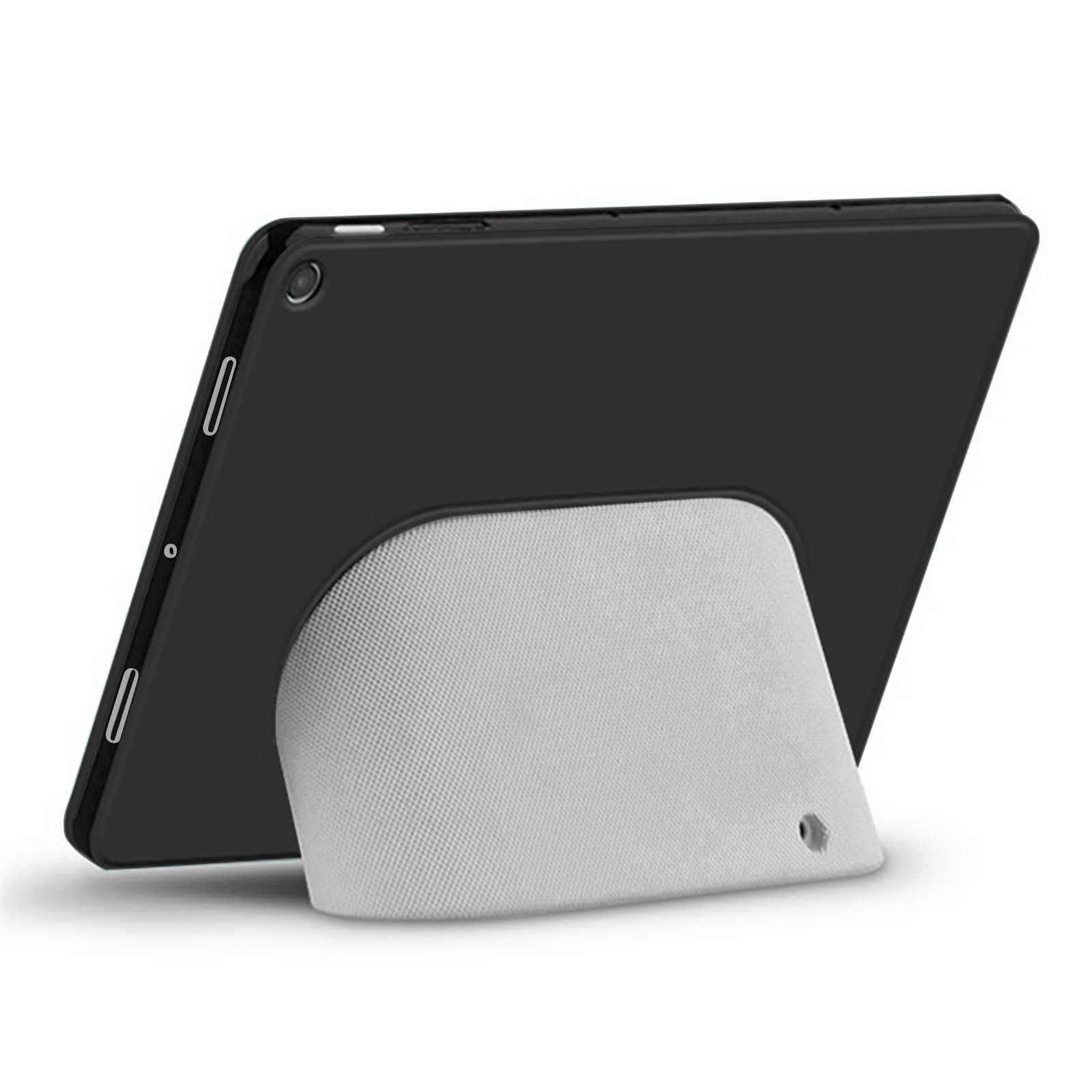 Tablet nero con supporto bianco. Il tablet è posizionato sul supporto.